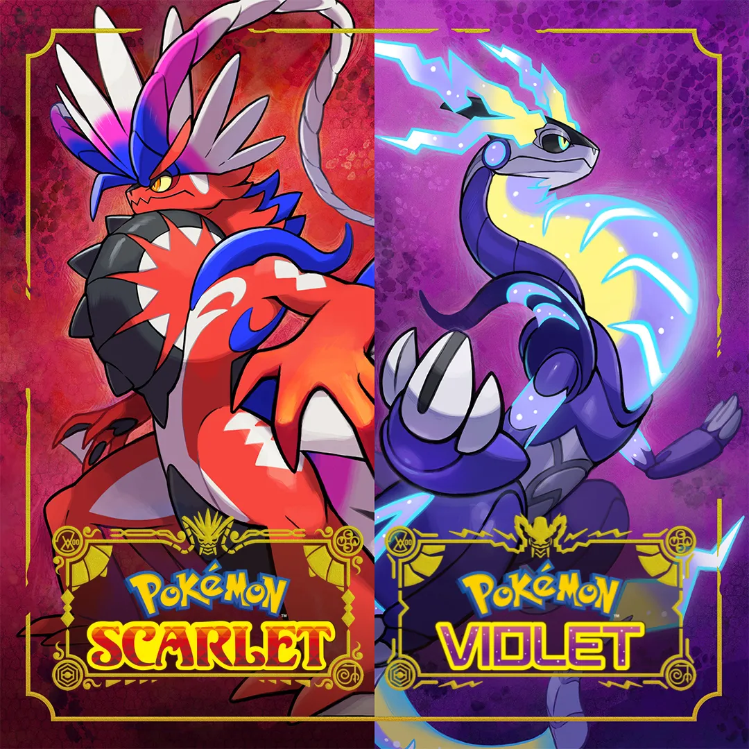 Hình ảnh sản phẩm Pokémon Scarlet và Violet với Koraidon cùng Miraidon, biểu tượng cho hiệu năng mới trên Switch 2.