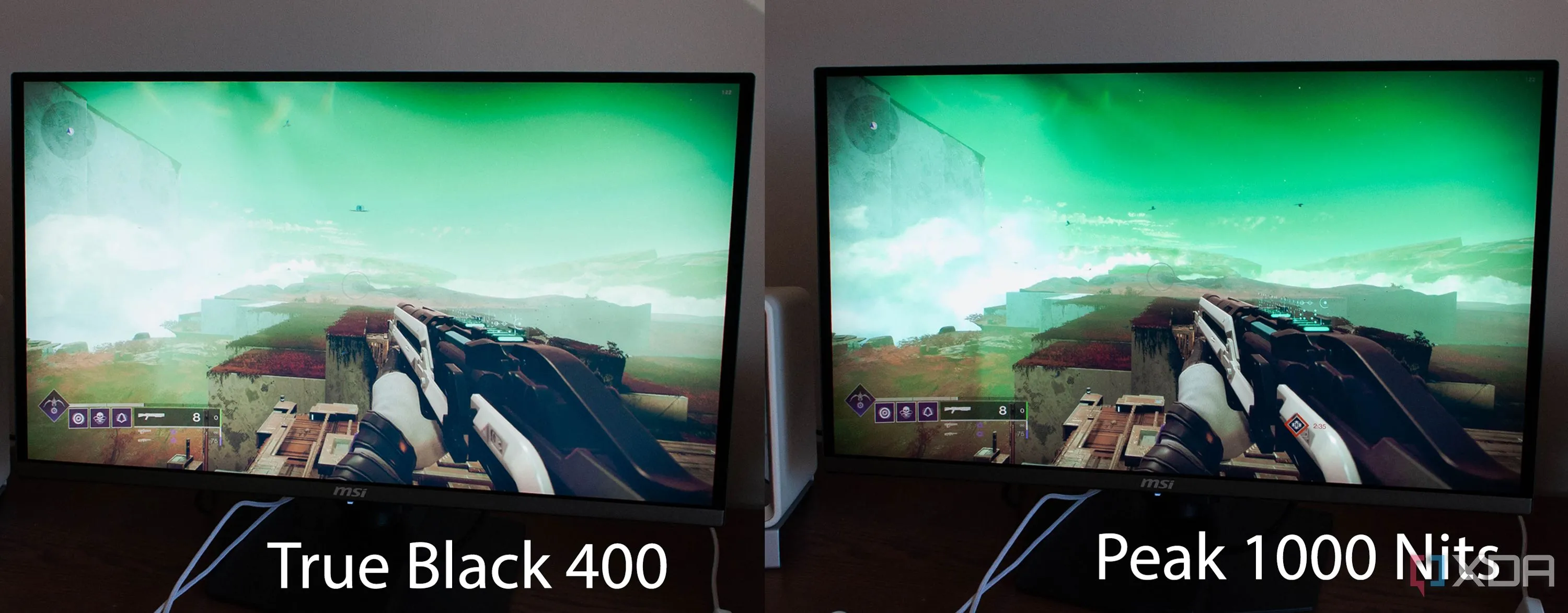 Hình ảnh so sánh hiệu năng HDR giữa chế độ True Black 400 và Peak 1000 Nits trên màn hình MSI MPG 272URX QD-OLED