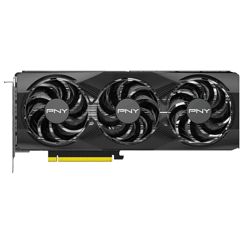 Hình ảnh thực tế card đồ họa PNY GeForce RTX 5070 OC cho thấy kích thước và các chi tiết tản nhiệt.