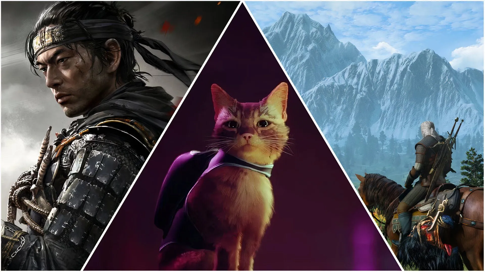 Hình ảnh tổng hợp các game phiêu lưu có cốt truyện hấp dẫn như The Witcher, Stray và Ghost of Tsushima