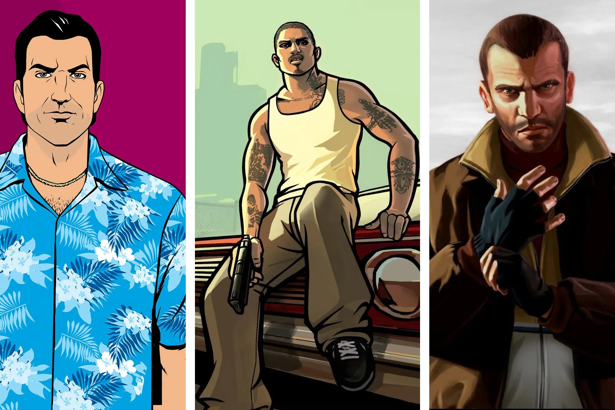 Hình ảnh tổng hợp các nhân vật biểu tượng của GTA: Tommy Vercetti, Cesar Vialpando và Niko Bellic
