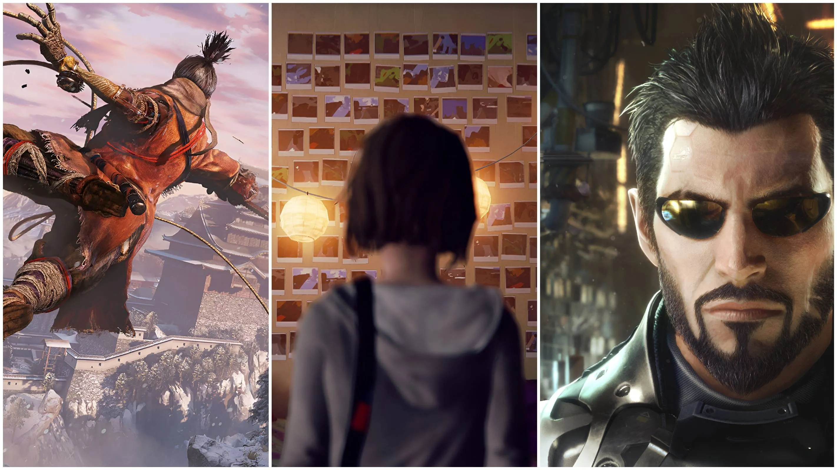 Hình ảnh tổng hợp các nhân vật game nổi tiếng như Wolf (Sekiro), Max (Life is Strange), và Adam Jensen (Deus Ex) đại diện cho những giá trị và bài học mà trò chơi mang lại.