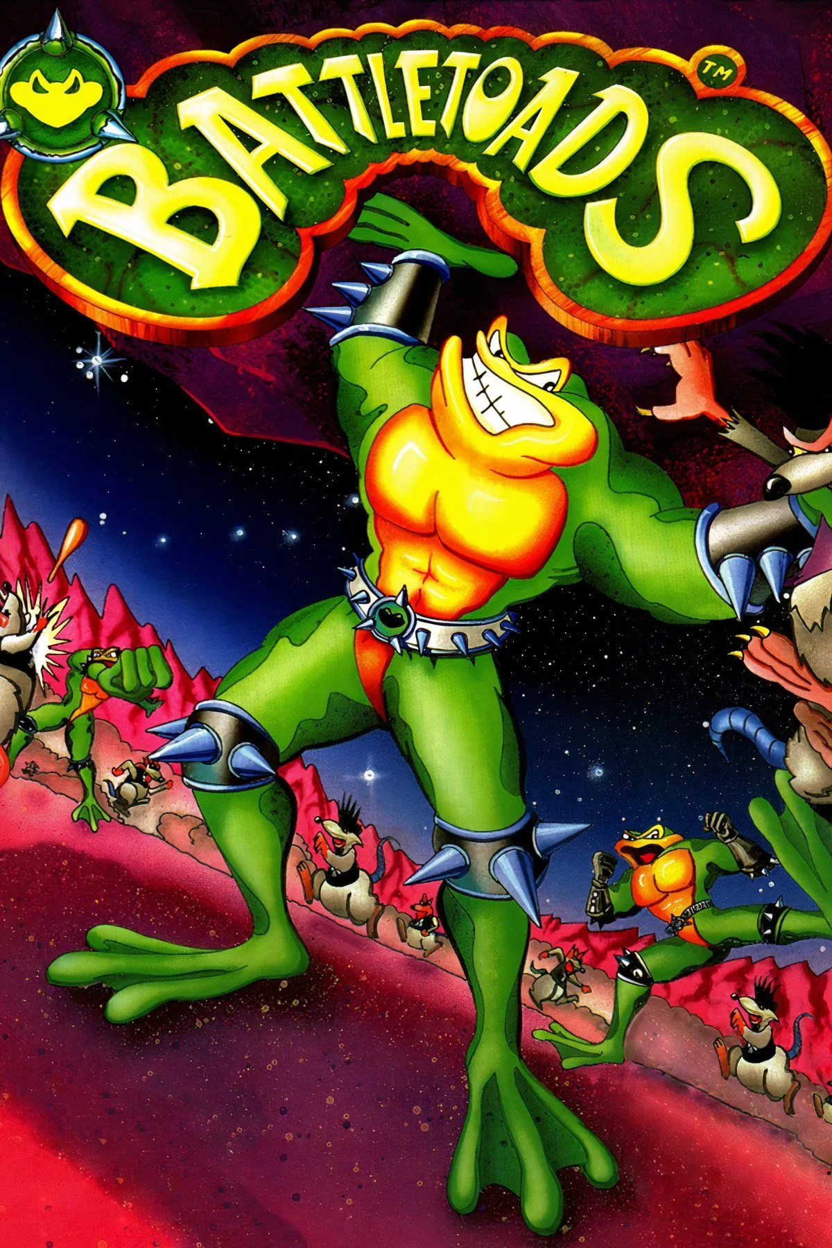 Hình ảnh tổng hợp các nhân vật và cảnh hành động trong tựa game Battletoads đầy thử thách