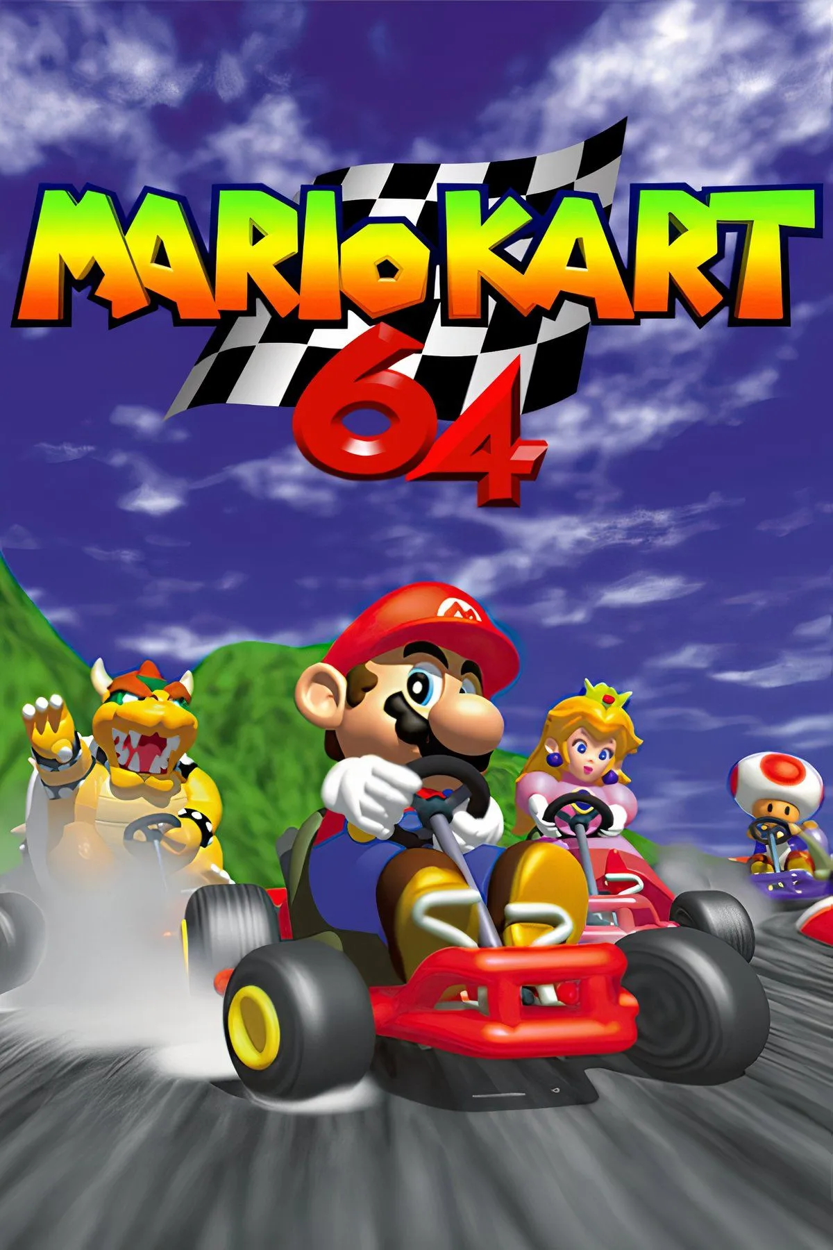 Hình ảnh tổng hợp các yếu tố đồ họa và nhân vật trong Mario Kart 64, tựa game đua xe kinh điển.