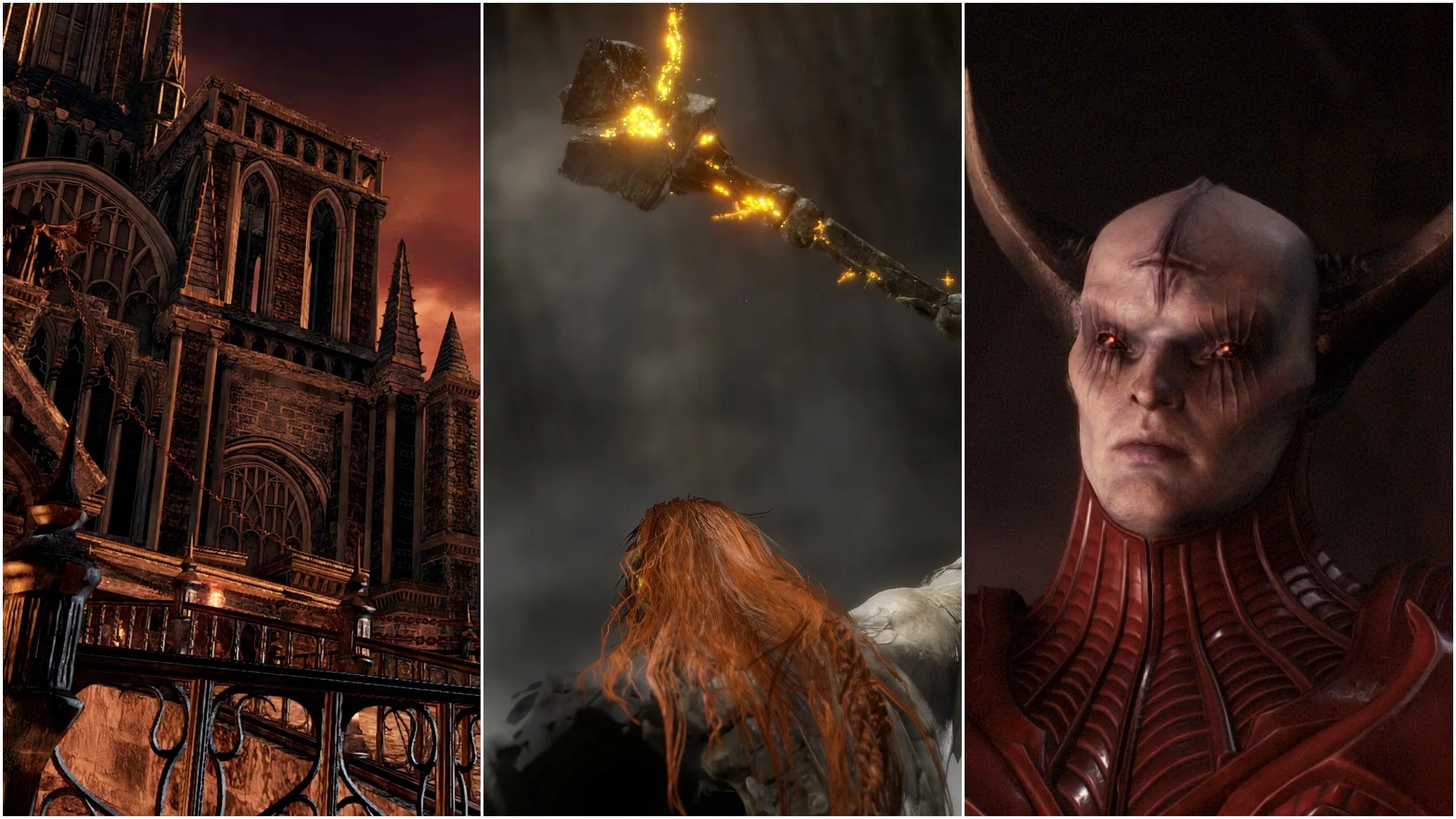Hình ảnh tổng hợp từ Dark Souls 2, Elden Ring và Doom: The Dark Ages, gợi nhớ về các game có yếu tố chiến đấu phép thuật và lore sâu sắc.