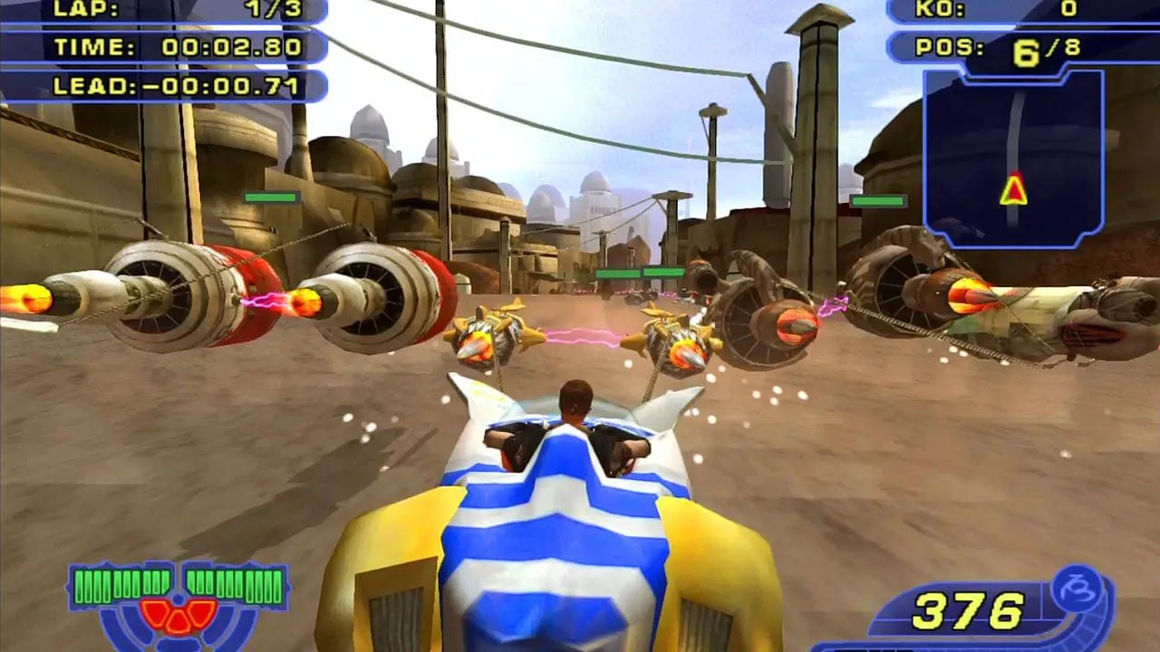 Hình ảnh trong game Star Wars Racer Revenge với cảnh đua phi thuyền tốc độ cao