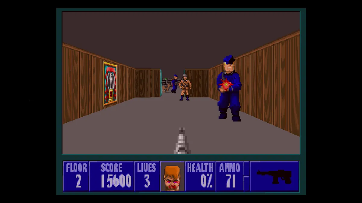 Hình ảnh trong game Wolfenstein 3D thể hiện lối chơi bắn súng nhanh và môi trường mê cung.