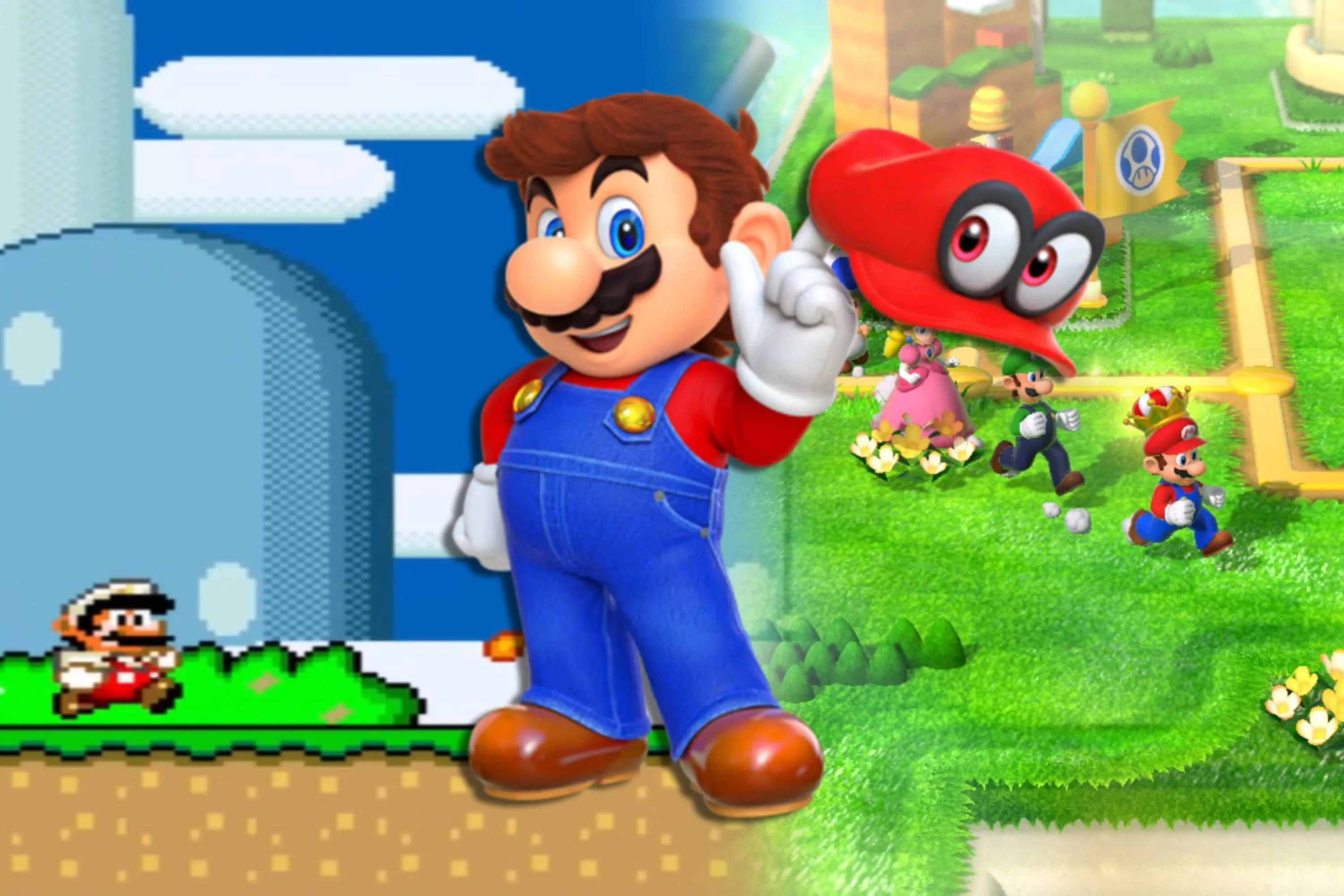 Hình ảnh từ các tựa game Mario kinh điển, nhấn mạnh di sản của thương hiệu Mario và kỳ vọng vào Mario Kart World trên Nintendo Switch 2.