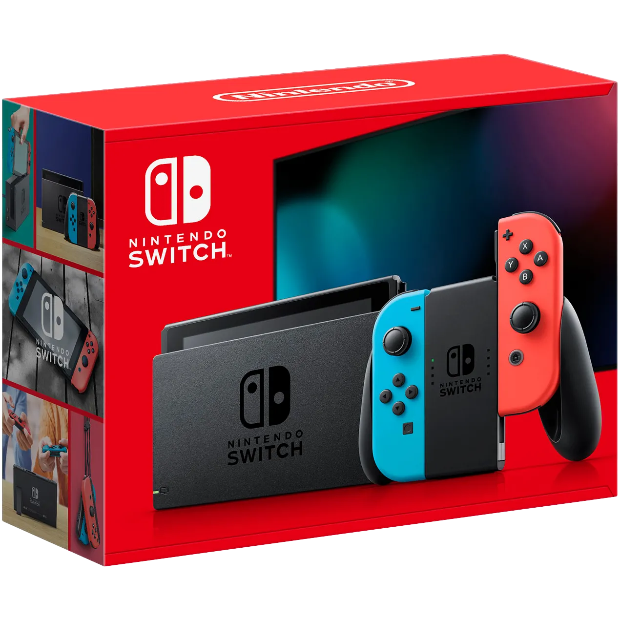 Hộp đựng Nintendo Switch bản tiêu chuẩn với Joy-Con màu đỏ và xanh lam, thể hiện dòng console lai hiện đại.