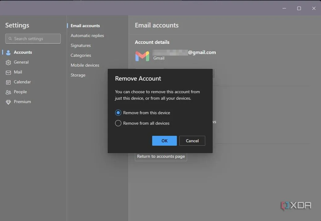 Hộp thoại xác nhận gỡ bỏ tài khoản Outlook khỏi thiết bị