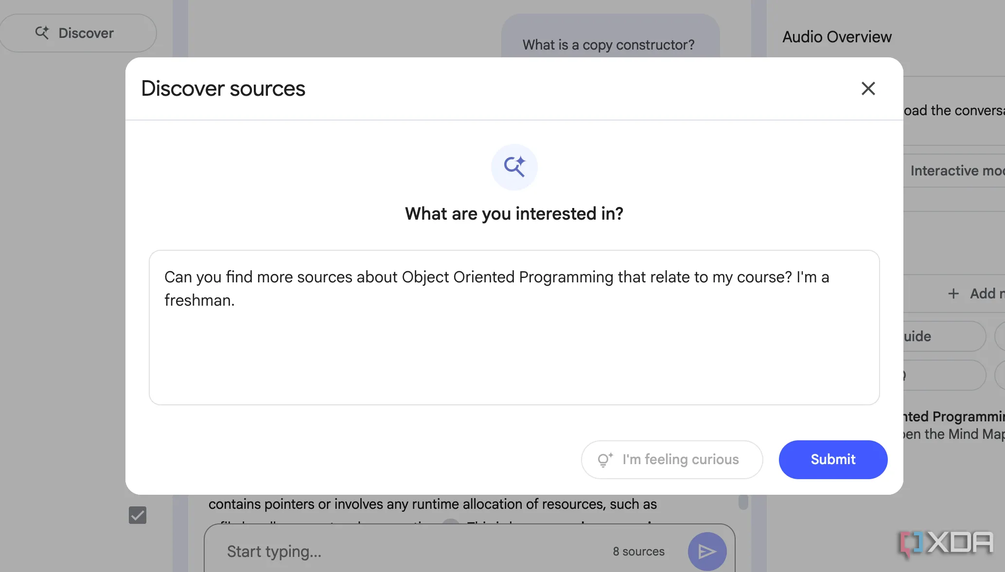 Hộp văn bản mô tả nguồn trong tính năng &quot;Discover Sources&quot; của NotebookLM, nơi người dùng nhập yêu cầu tìm kiếm