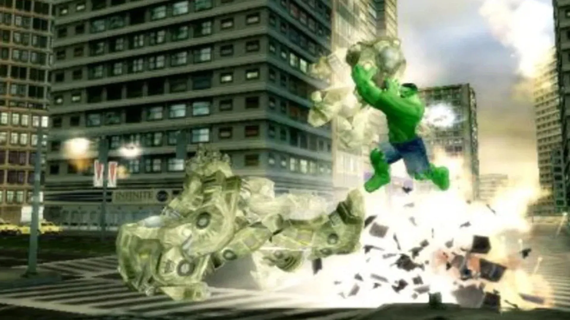 Hulk đang phá hủy môi trường trong game The Incredible Hulk Ultimate Destruction trên PS2