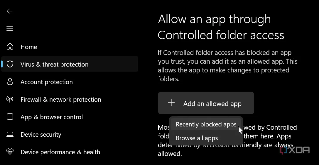 Hướng dẫn các bước để cho phép ứng dụng bị chặn gần đây truy cập thông qua Controlled Folder Access trên Windows
