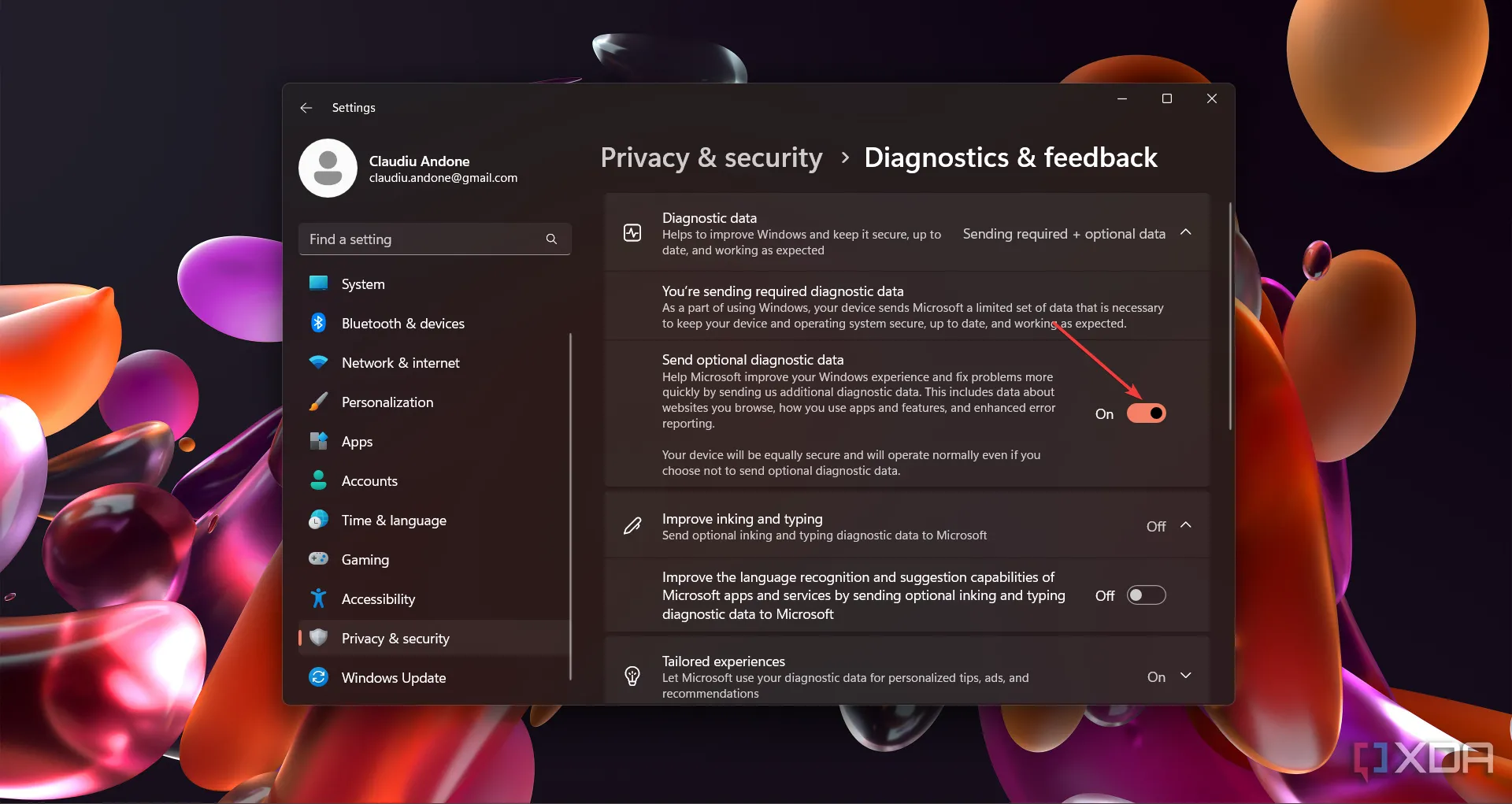 Hướng dẫn cách tắt dữ liệu chẩn đoán (Diagnostic data) trong phần Cài đặt (Settings) của Windows 11, minh họa các bước cụ thể để bảo vệ quyền riêng tư.