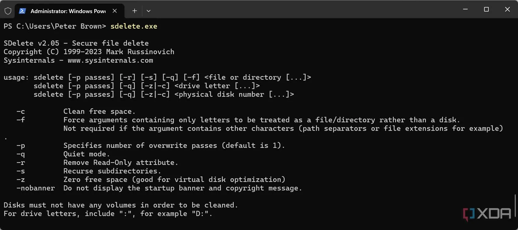 Hướng dẫn sử dụng lệnh sdelete.exe trong cửa sổ Command Prompt để xóa file an toàn