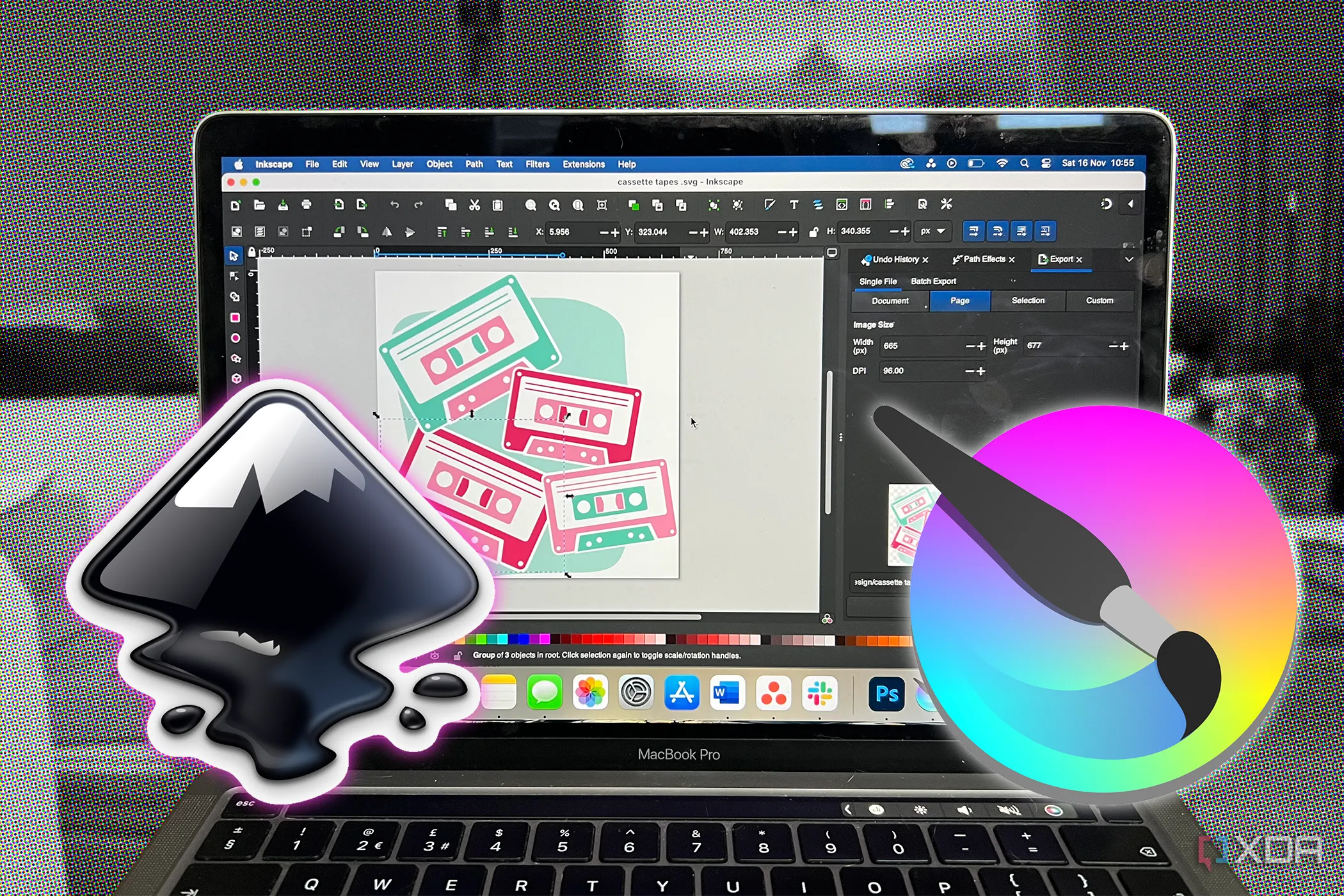 Inkscape hiển thị trên MacBook, với logo Krita và Inkscape lơ lửng cạnh máy tính xách tay, tượng trưng cho sự kết hợp của các công cụ mã nguồn mở