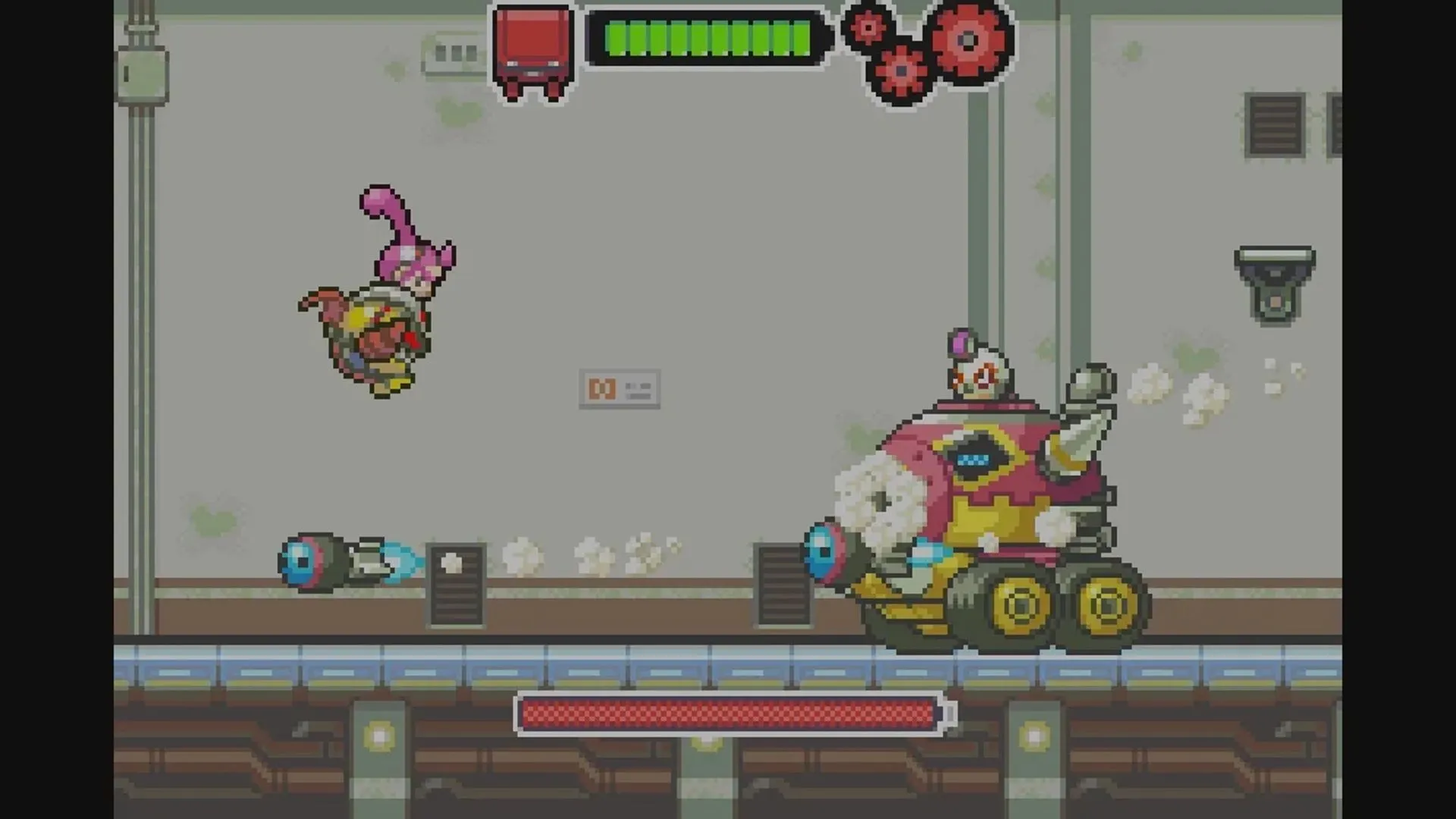 Jill điều khiển cỗ máy Drill Dozer chiến đấu với kẻ thù trong tựa game platformer độc đáo của Game Boy Advance