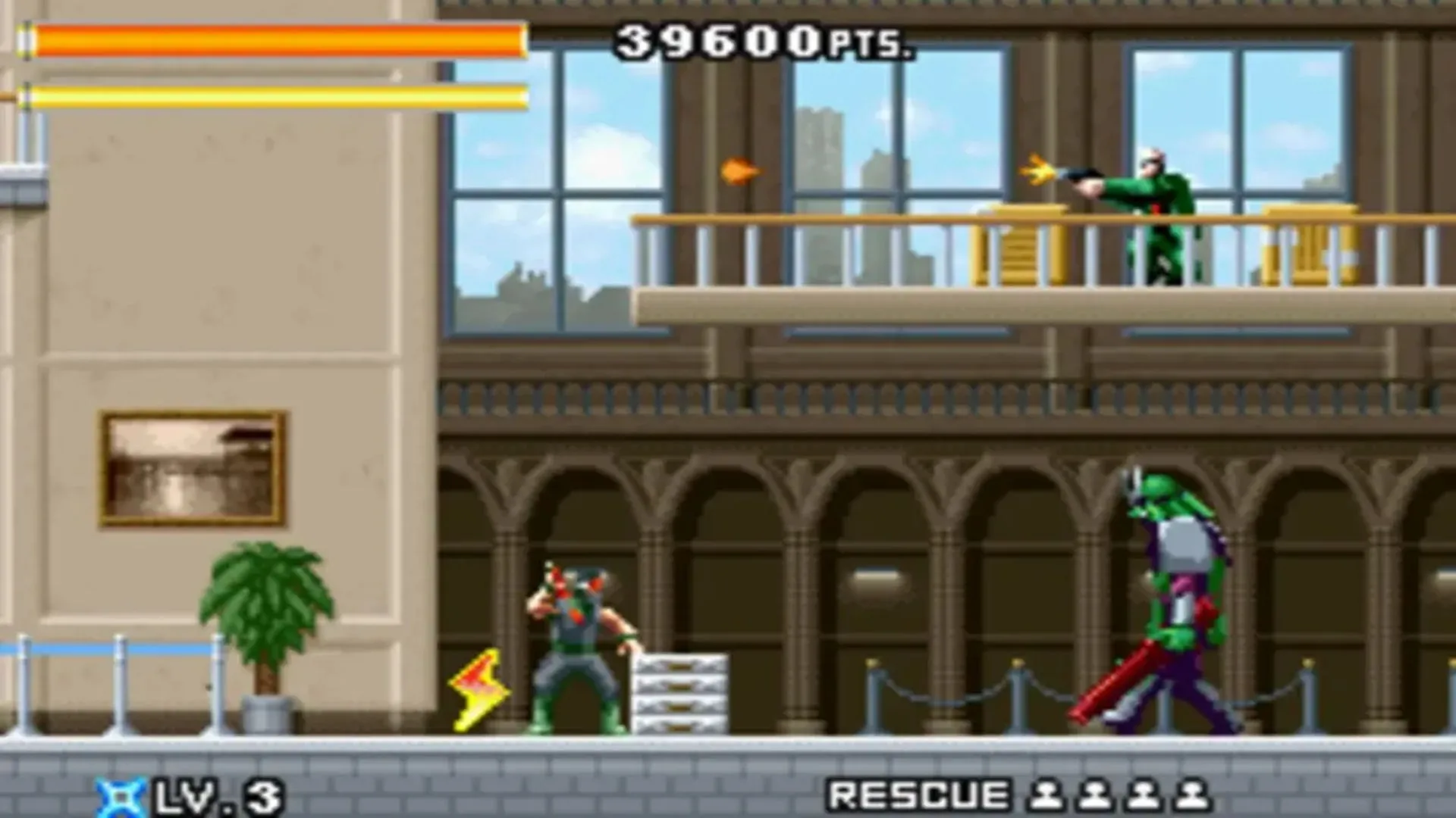 Joe Osugi, nhân vật chính của Ninja Five-O, đang vượt qua màn chơi với kẻ thù trong game GBA hiếm