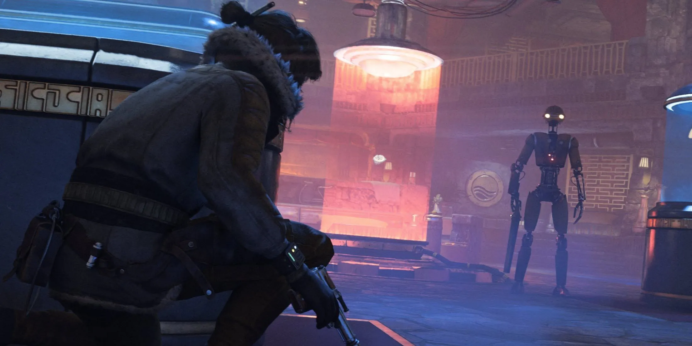 Kay Vess và người bạn đồng hành Nix thực hiện nhiệm vụ lén lút trong Star Wars Outlaws