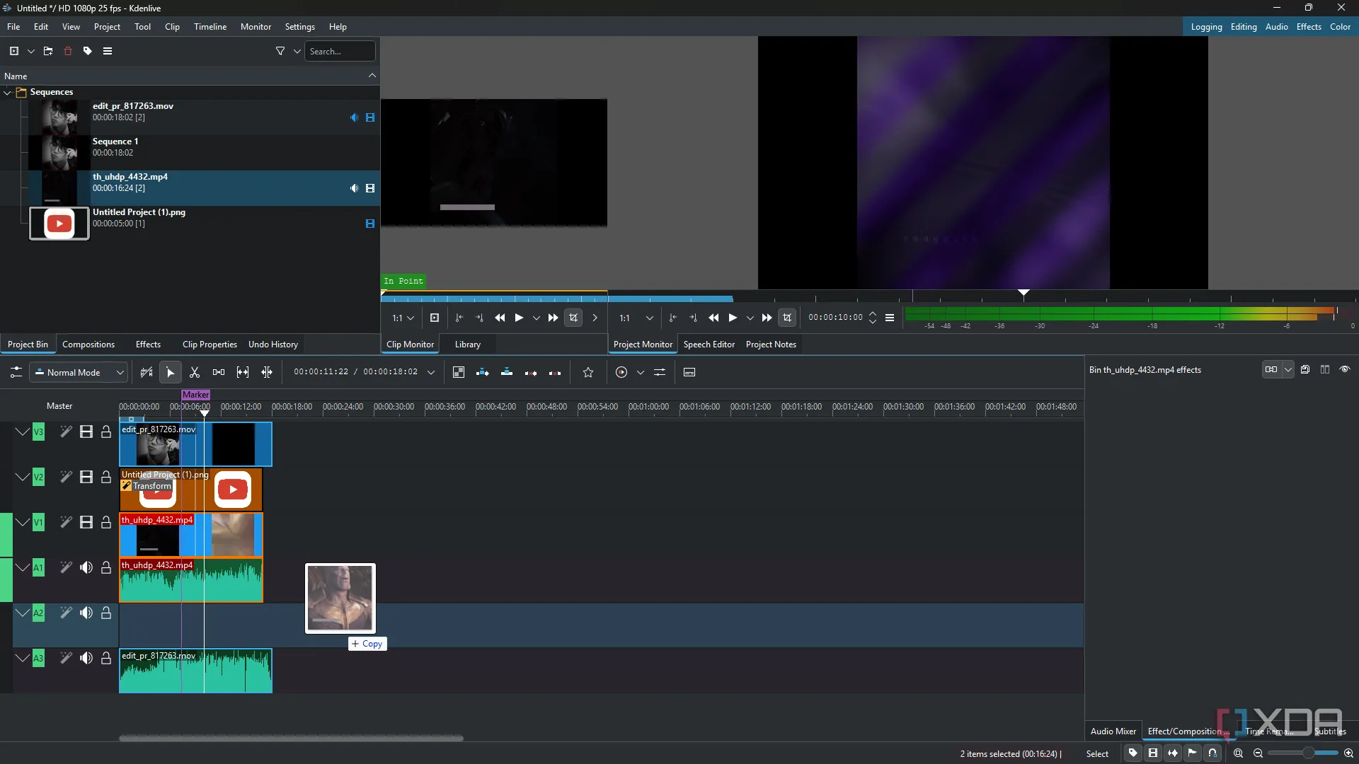 Kdenlive giao diện chỉnh sửa video, kéo thả file MP4 vào dự án