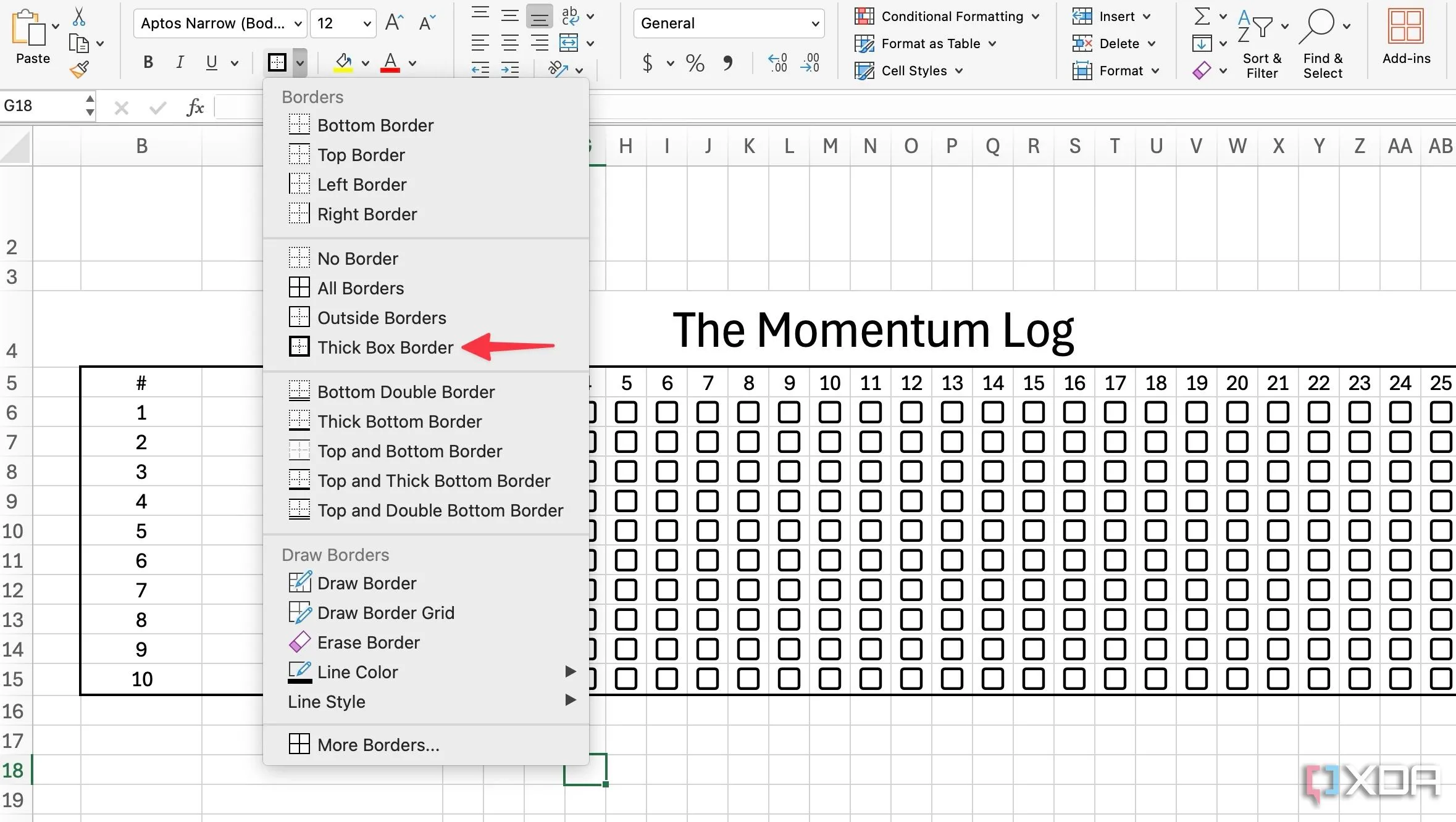Kẻ đường viền dày cho bảng Habit Tracker trong Excel để làm nổi bật