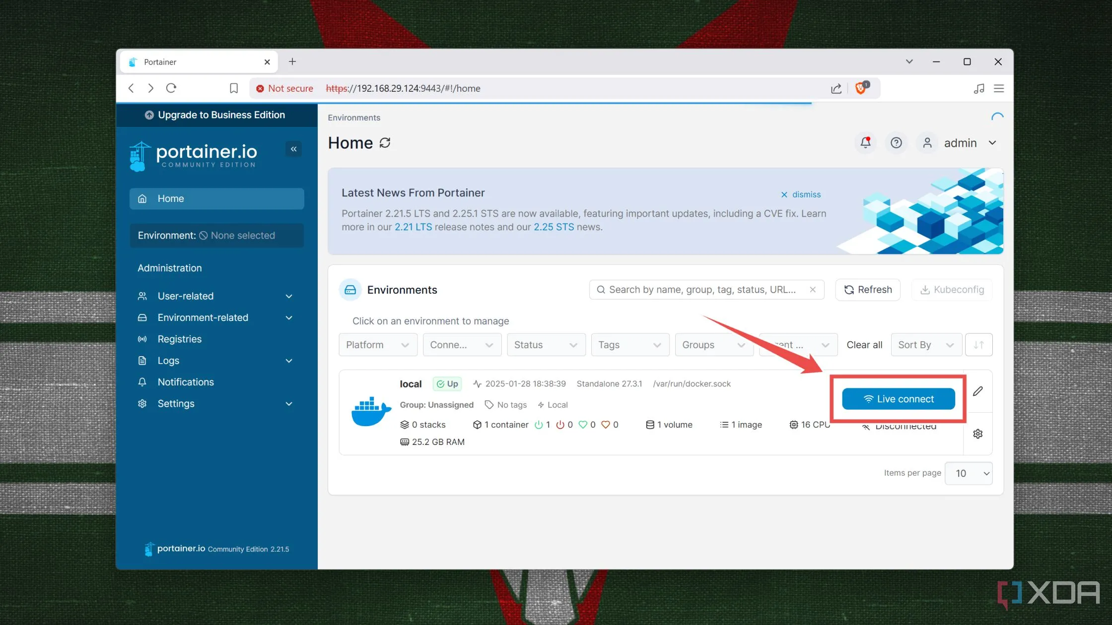 Kết nối với Docker node cục bộ trong Portainer