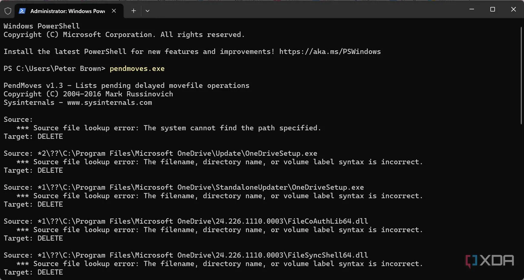 Kết quả hiển thị từ lệnh pendmoves.exe trong CMD, liệt kê các thao tác file chờ xử lý