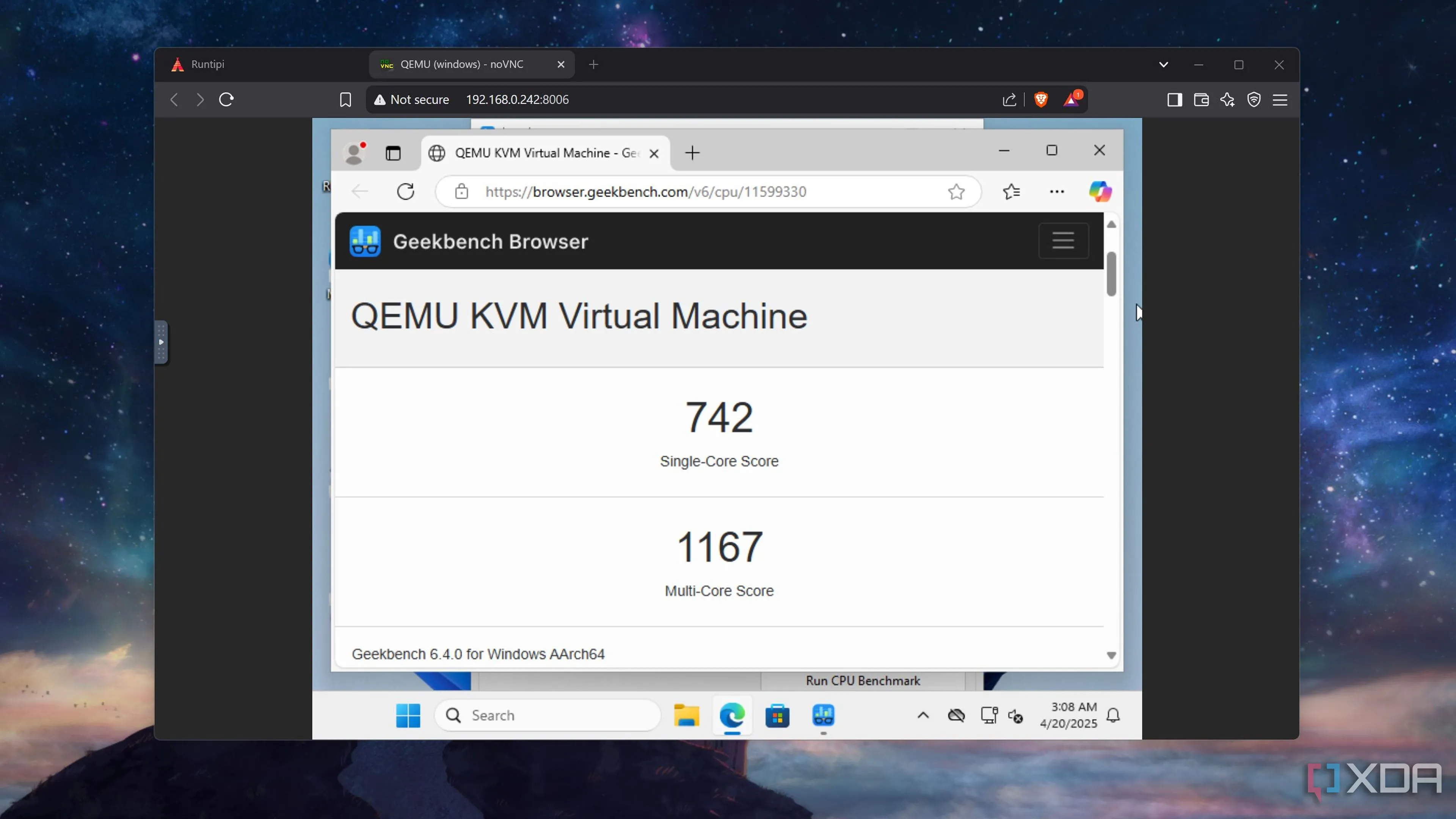 Kết quả kiểm tra hiệu năng CPU Geekbench 6 trên Windows 11 chạy trong container Runtipi trên Raspberry Pi 5