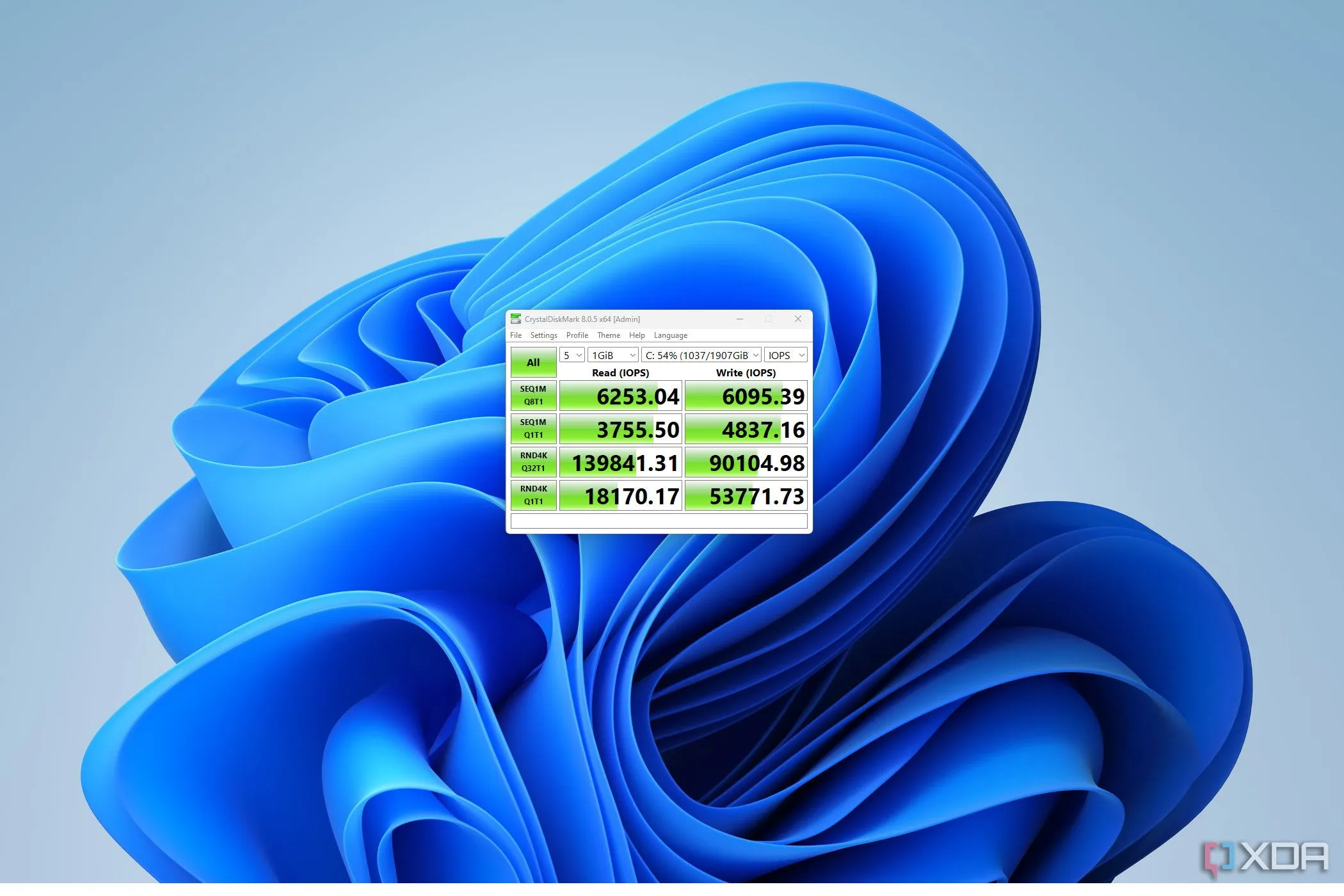 Kết quả kiểm tra tốc độ ổ cứng ngoài Thunderbolt 5 bằng CrystalDiskMark hiển thị thông lượng dữ liệu cao