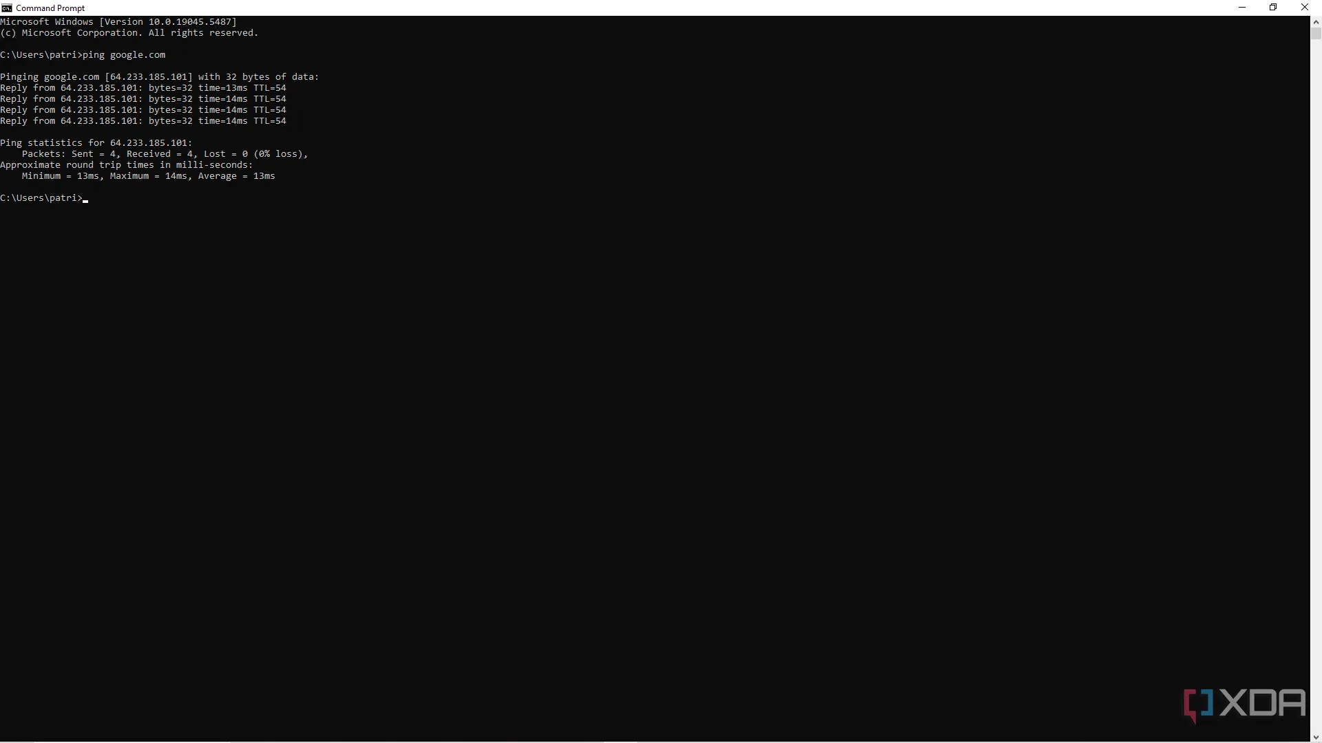 Kết quả lệnh ping google.com trong Command Line, hiển thị thời gian phản hồi và kiểm tra kết nối mạng.
