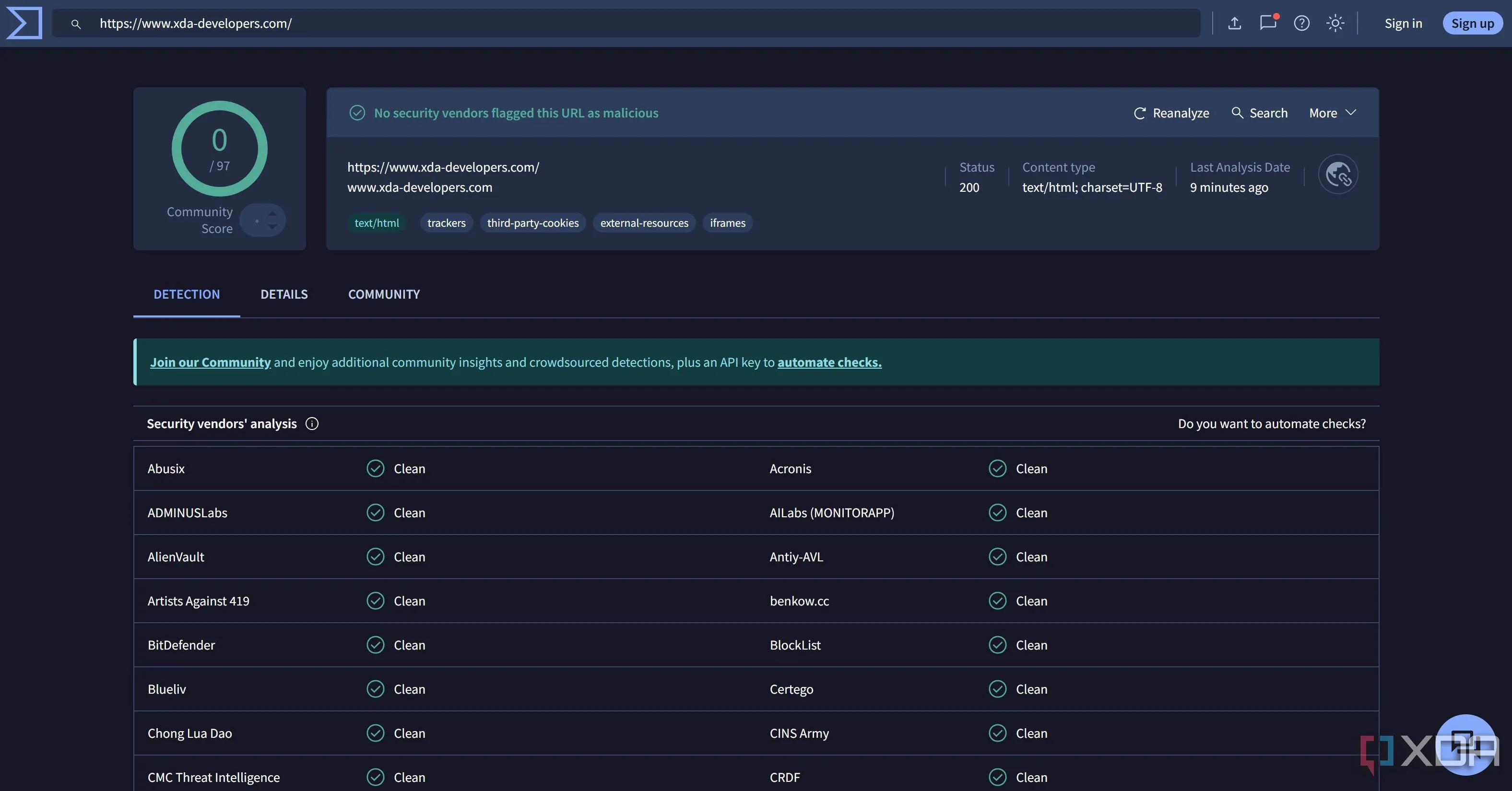 Kết quả quét URL của VirusTotal hiển thị phát hiện phần mềm độc hại