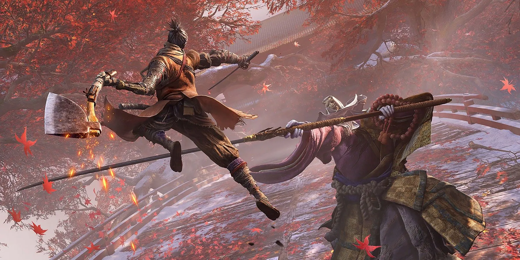 Key art game Sekiro: Shadows Die Twice với nhân vật Shinobi Wolf tấn công kẻ thù khổng lồ