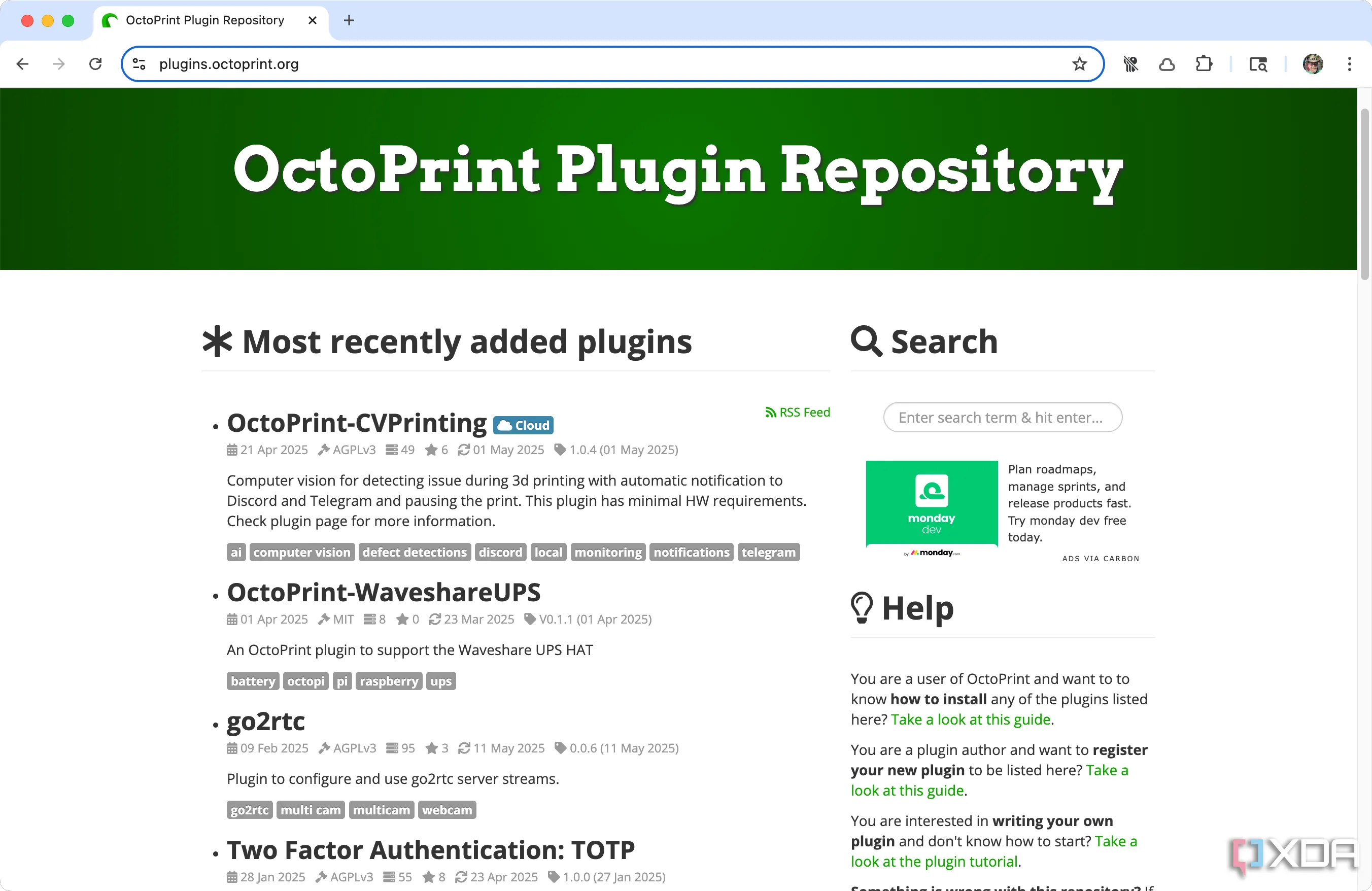 Kho lưu trữ plugin của OctoPrint, minh họa sự đa dạng và khả năng mở rộng của nền tảng