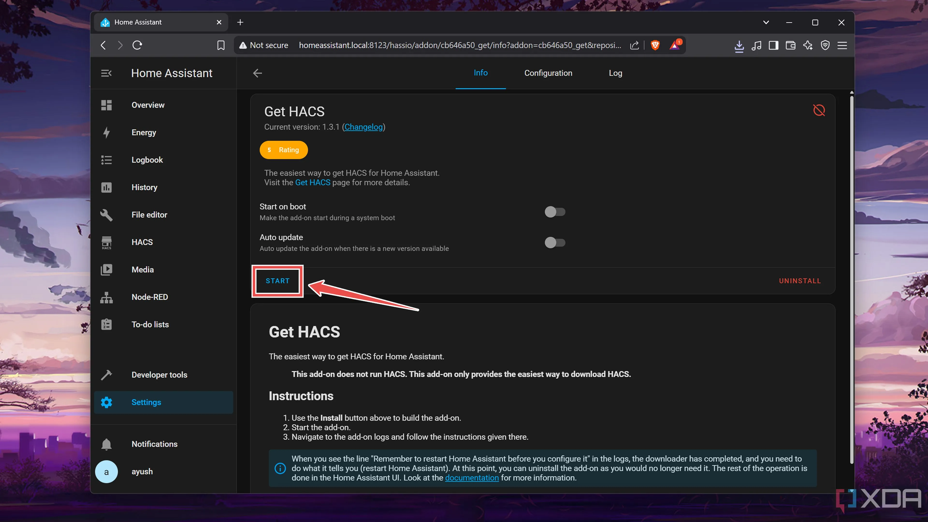 Khởi chạy add-on Get HACS