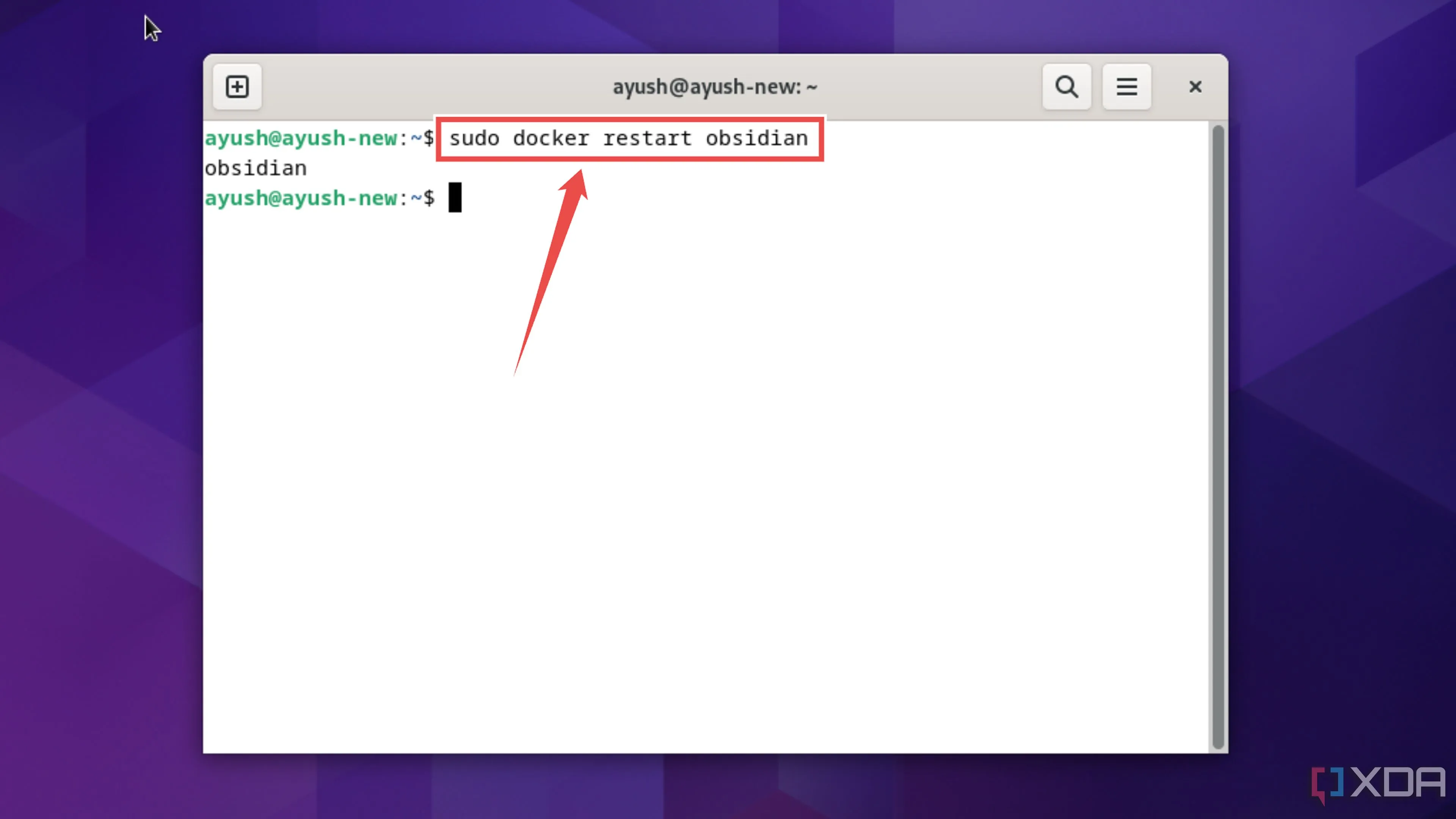 Khởi động lại container Obsidian bằng lệnh docker restart obsidian
