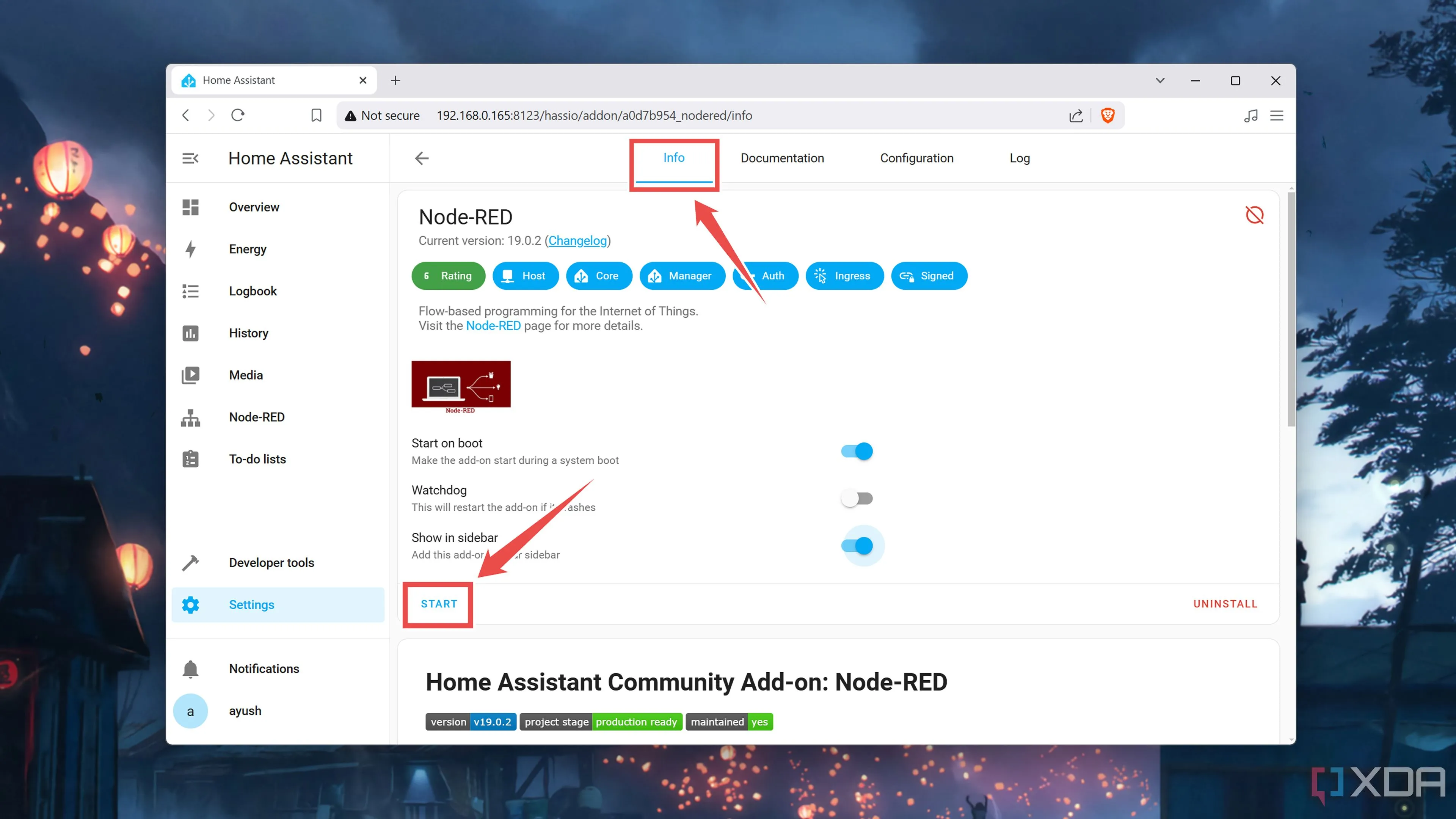 Khởi động tiện ích Node-RED sau khi cài đặt hoàn tất trong Home Assistant