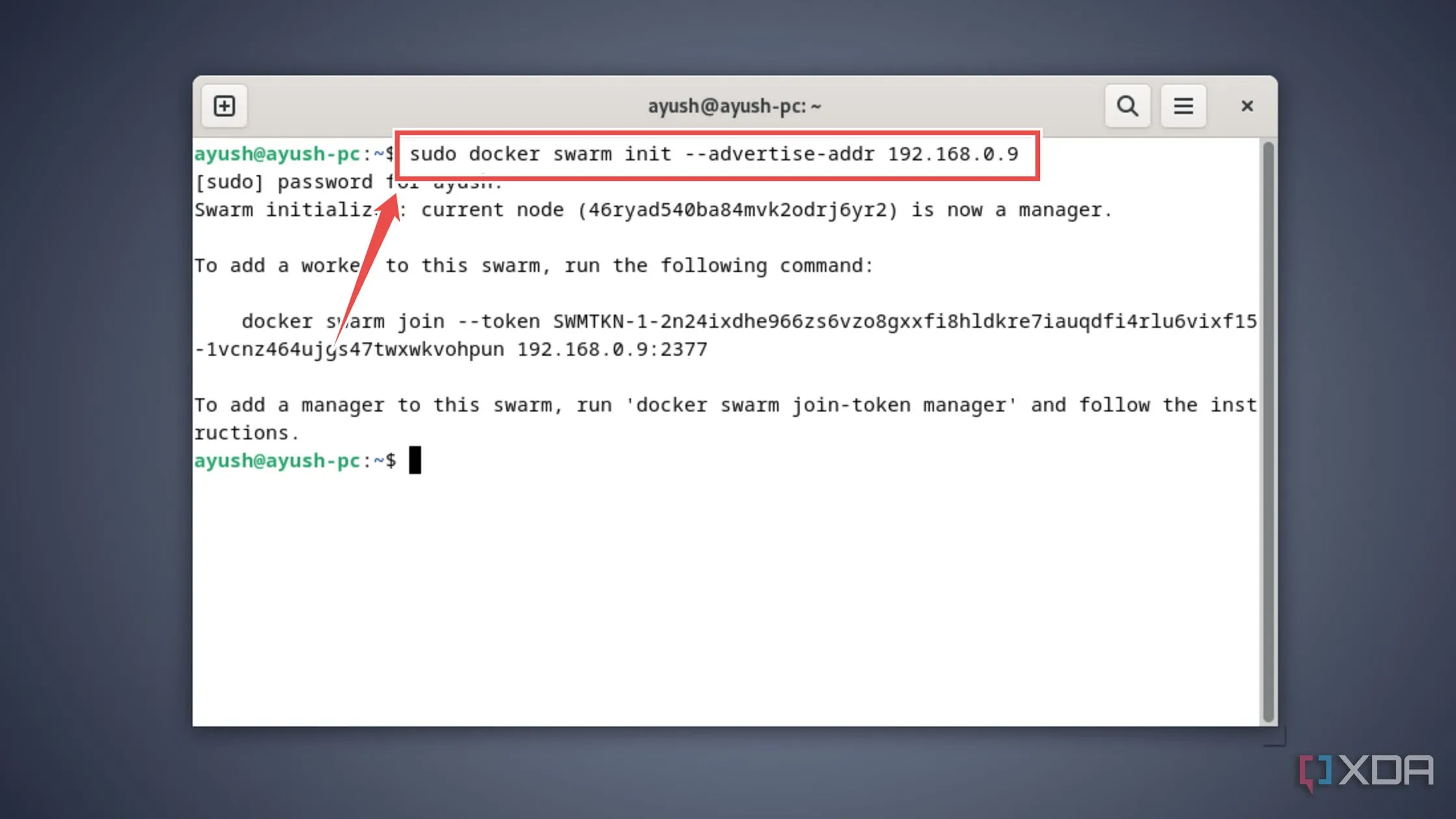 Khởi tạo môi trường Docker Swarm trên node quản lý bằng lệnh `sudo docker swarm init --advertise-addr`