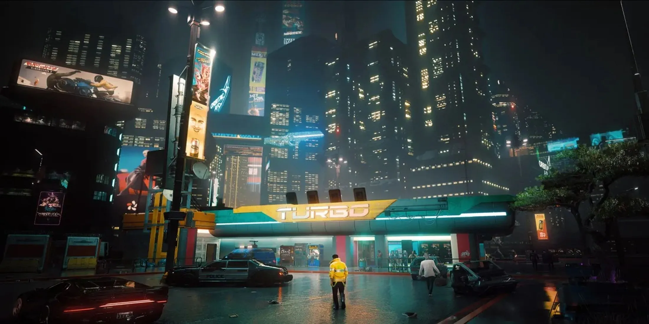 Khung cảnh đường phố Night City trong Cyberpunk 2077 về đêm, tràn ngập ánh đèn neon và kiến trúc tương lai.
