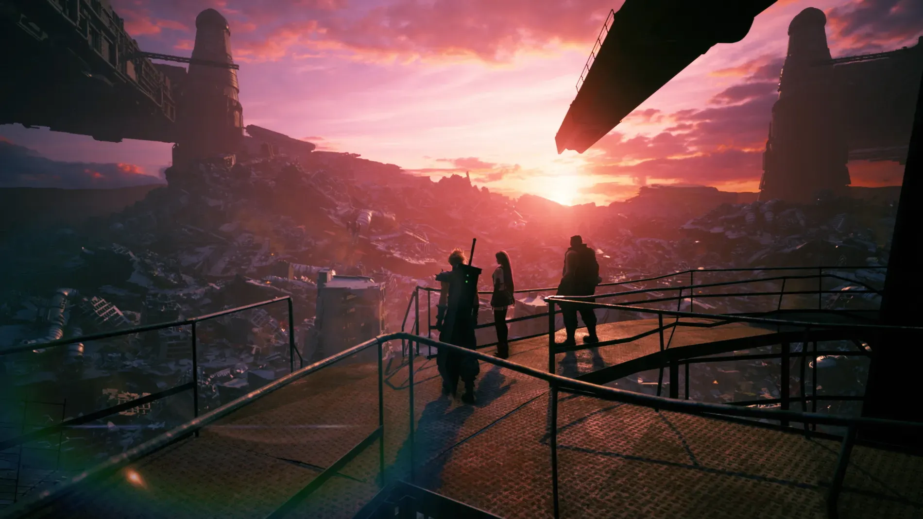 Khung cảnh hoàng hôn tuyệt đẹp trong game Final Fantasy VII Remake, minh họa chất lượng đồ họa mà game thủ có thể mong đợi từ dòng FF7 trên Steam Deck
