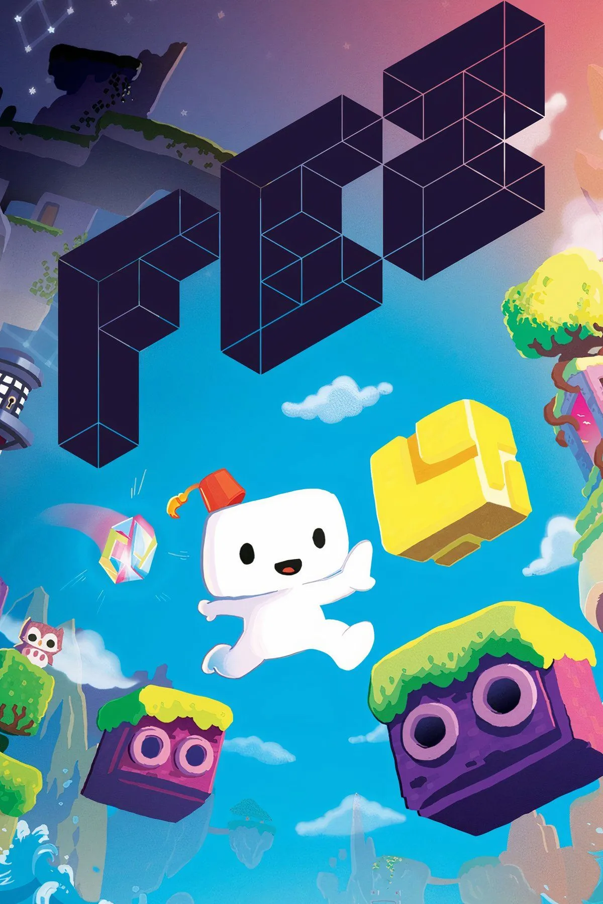 Khung cảnh trong game giải đố platformer FEZ, nơi nhân vật 2D tương tác trong thế giới 3D, với cơ chế xoay góc nhìn độc đáo.