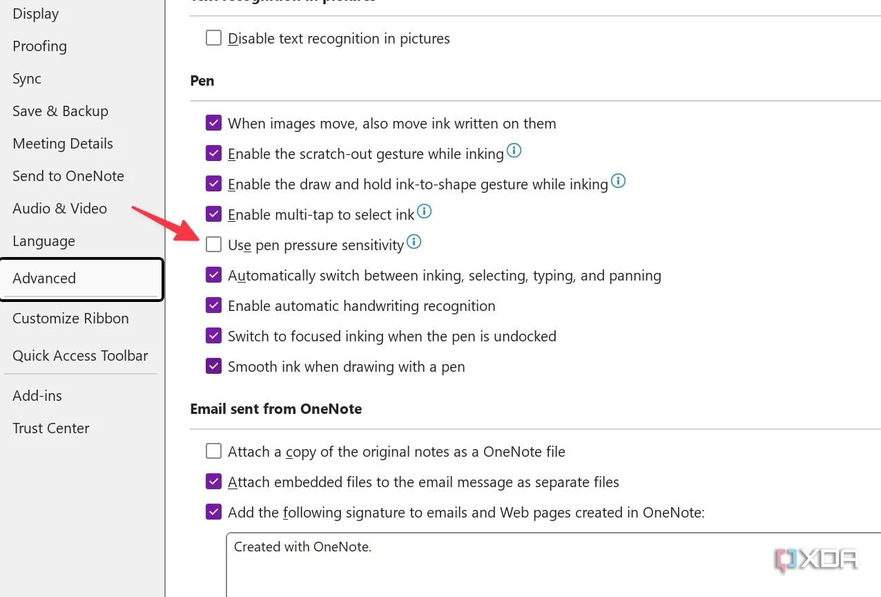 Kích hoạt độ nhạy áp lực bút cảm ứng trong cài đặt nâng cao của OneNote