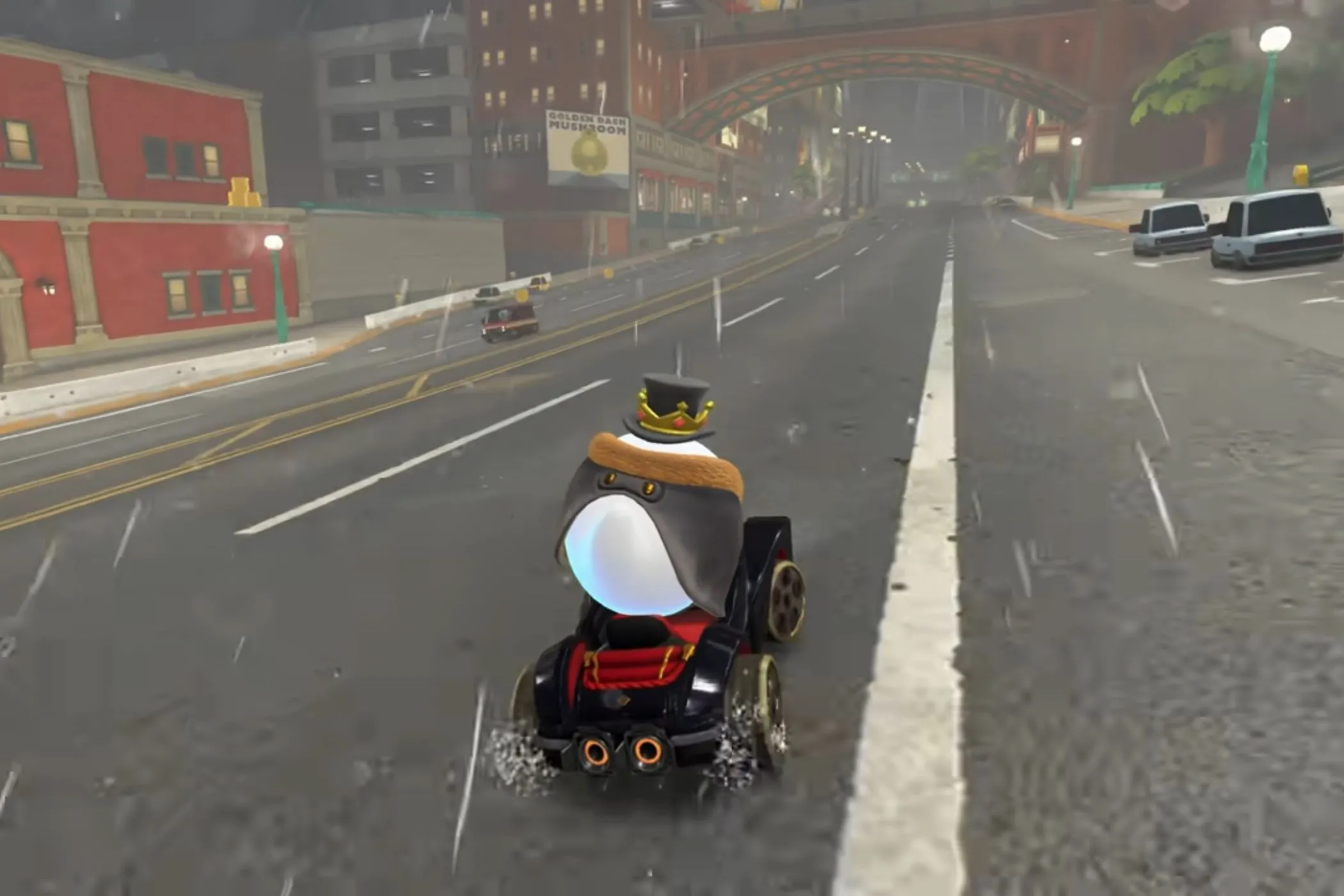 King Boo đua xe trên đường phố Crown City dưới màn mưa trong game Mario Kart World
