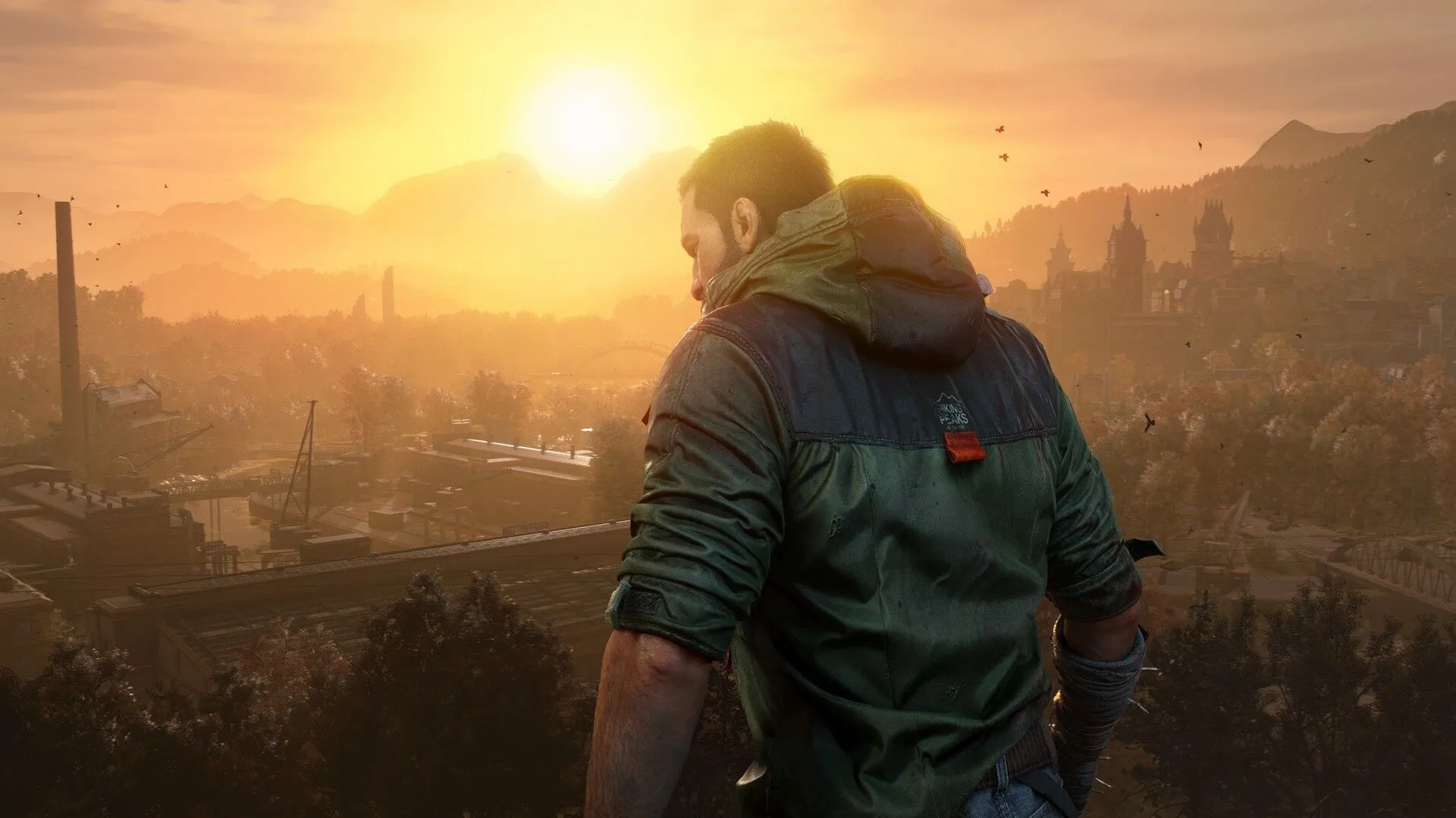 Kyle Crane đứng trên một tòa nhà nhìn ra xa, bối cảnh game Dying Light The Beast