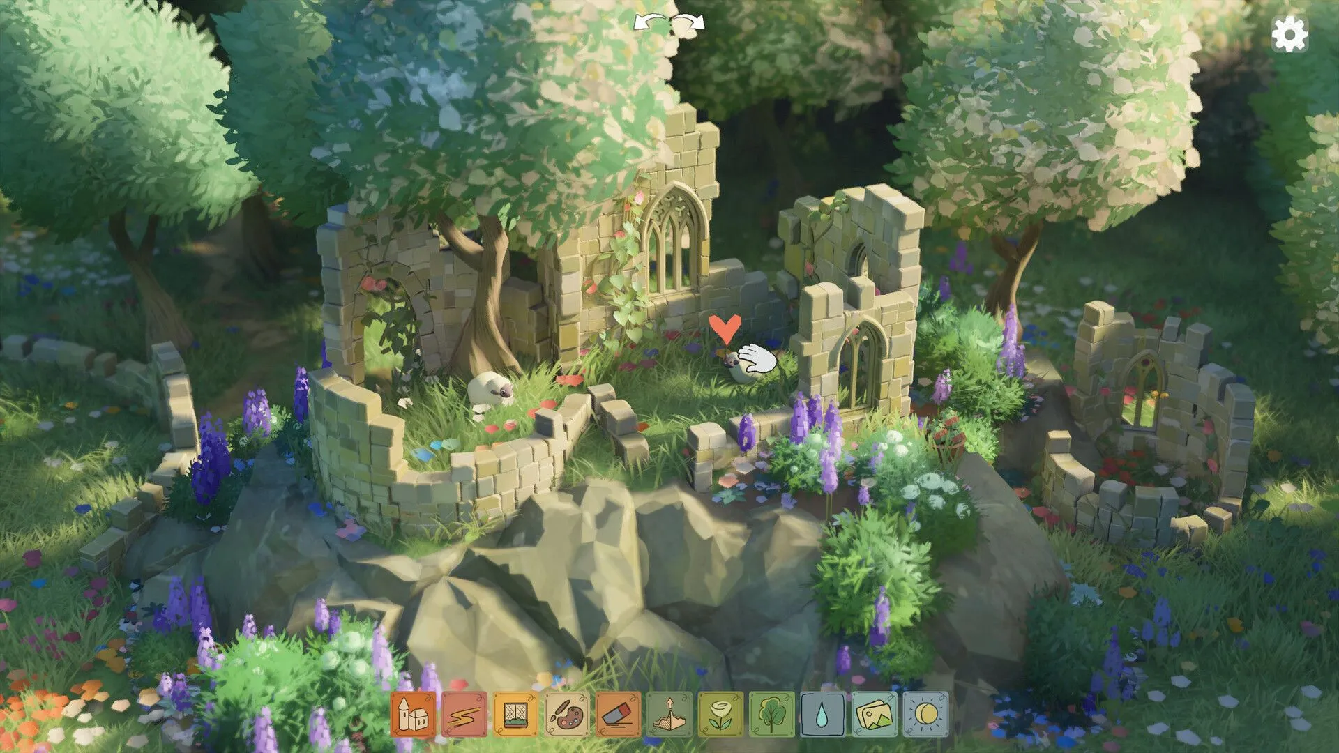 Lâu đài được xây dựng trong game Tiny Glade với đồ họa ấm cúng