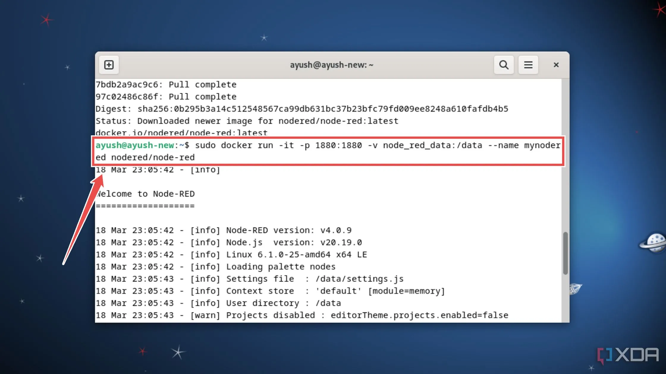Lệnh Docker run để triển khai container Node-RED với các tham số cấu hình