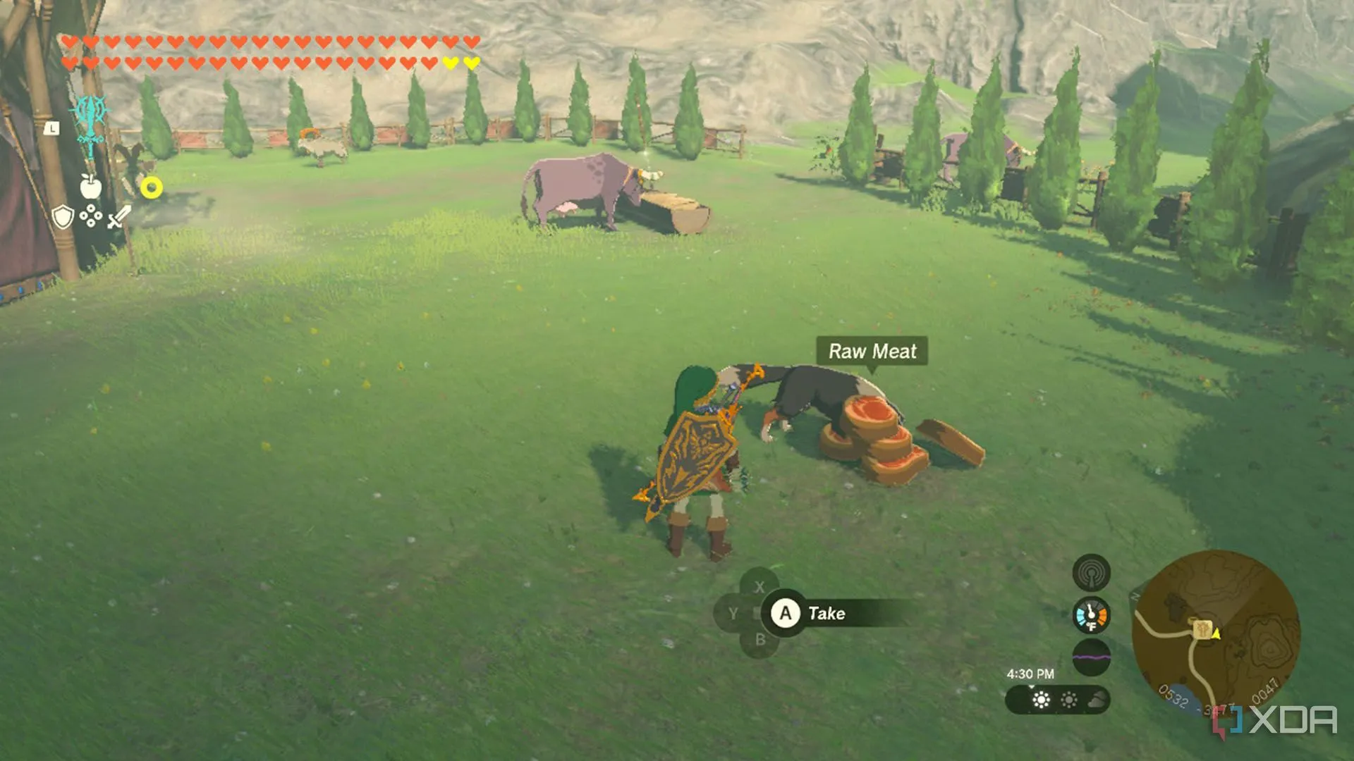 Link cho chó ăn tại một chuồng ngựa ở Hyrule, một bí mật để tìm kho báu trong Tears of the Kingdom