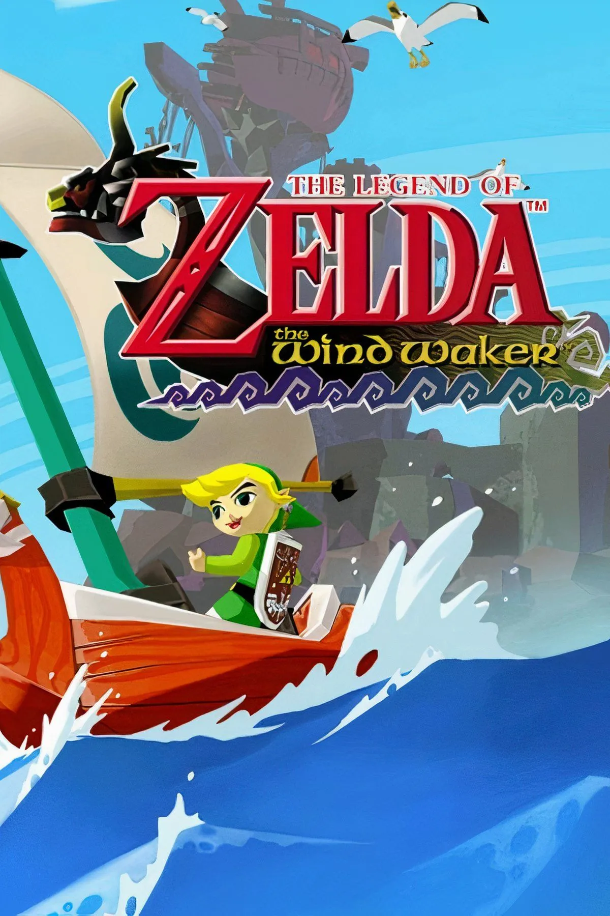 Link cùng chiếc thuyền của mình vượt biển trong The Legend of Zelda: The Wind Waker, với phong cách đồ họa cel-shaded đặc trưng trên GameCube.