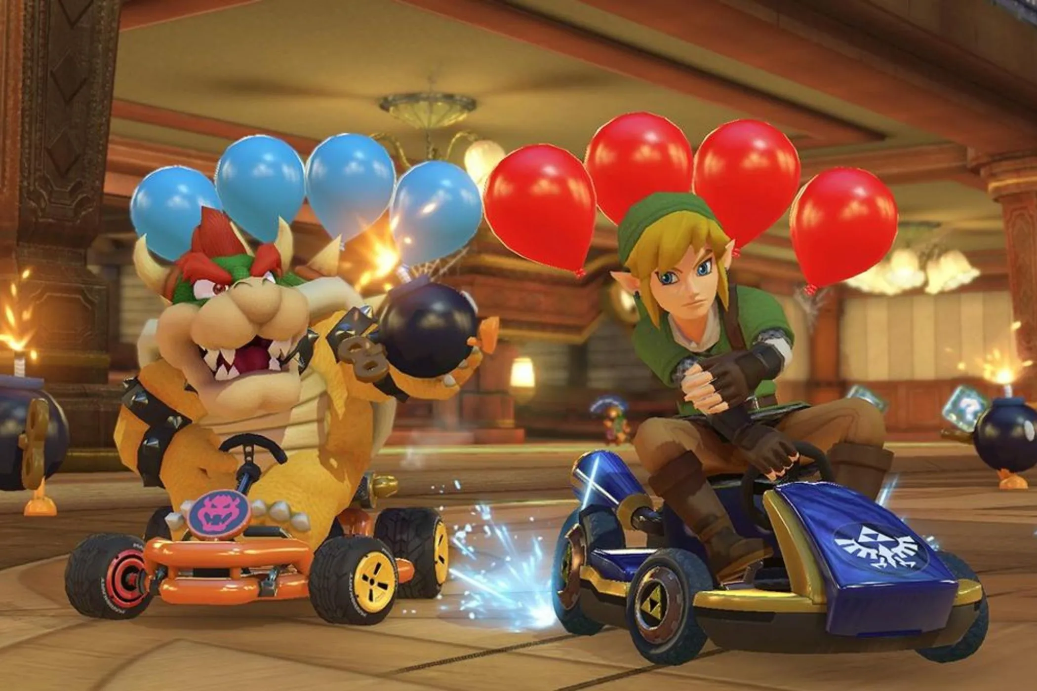 Link và Bowser đang đua trên đường đua nổi bật trong Mario Kart 8 Deluxe