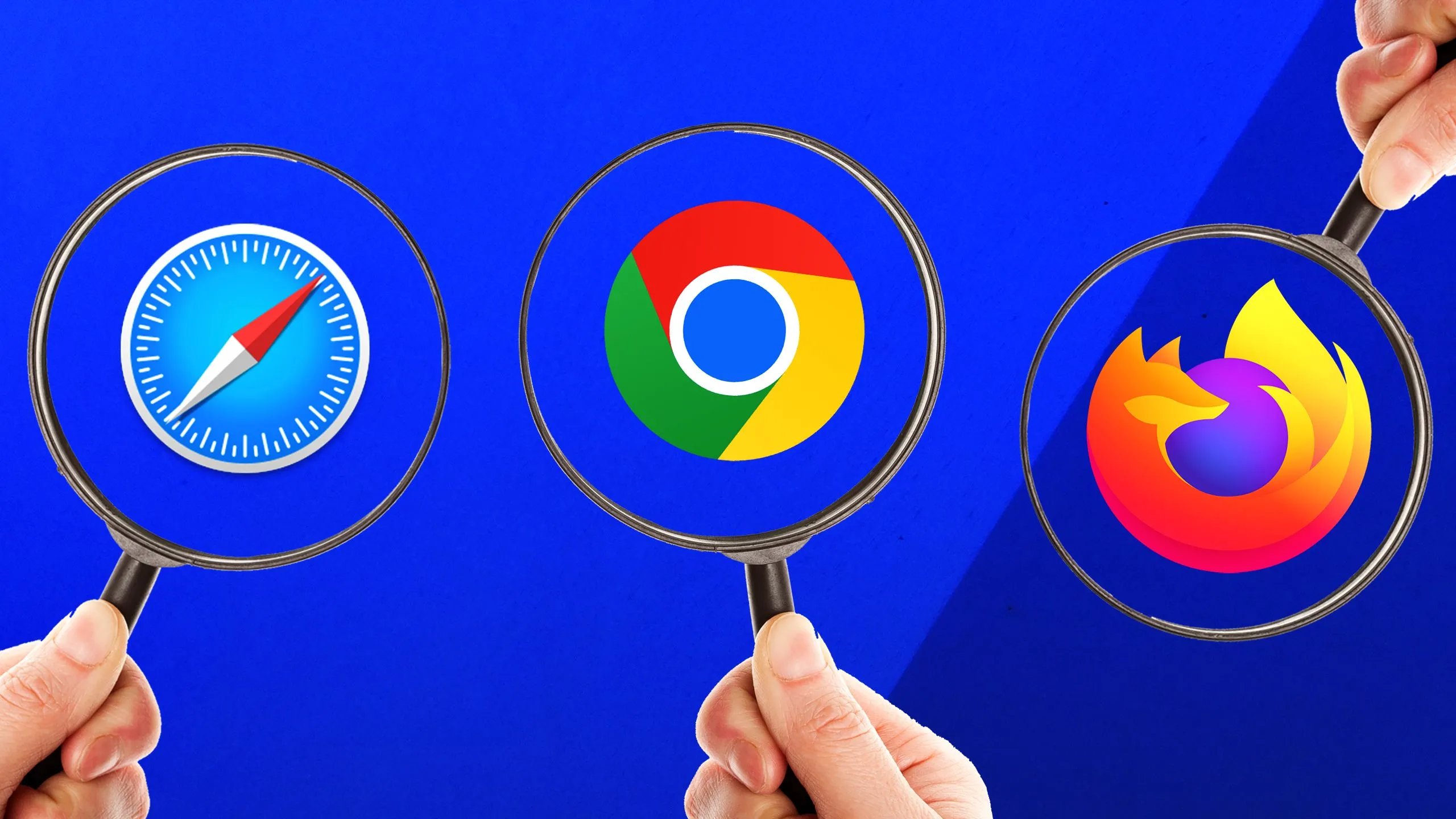 Logo các trình duyệt khác nhau dưới kính lúp, thể hiện sự lựa chọn và so sánh