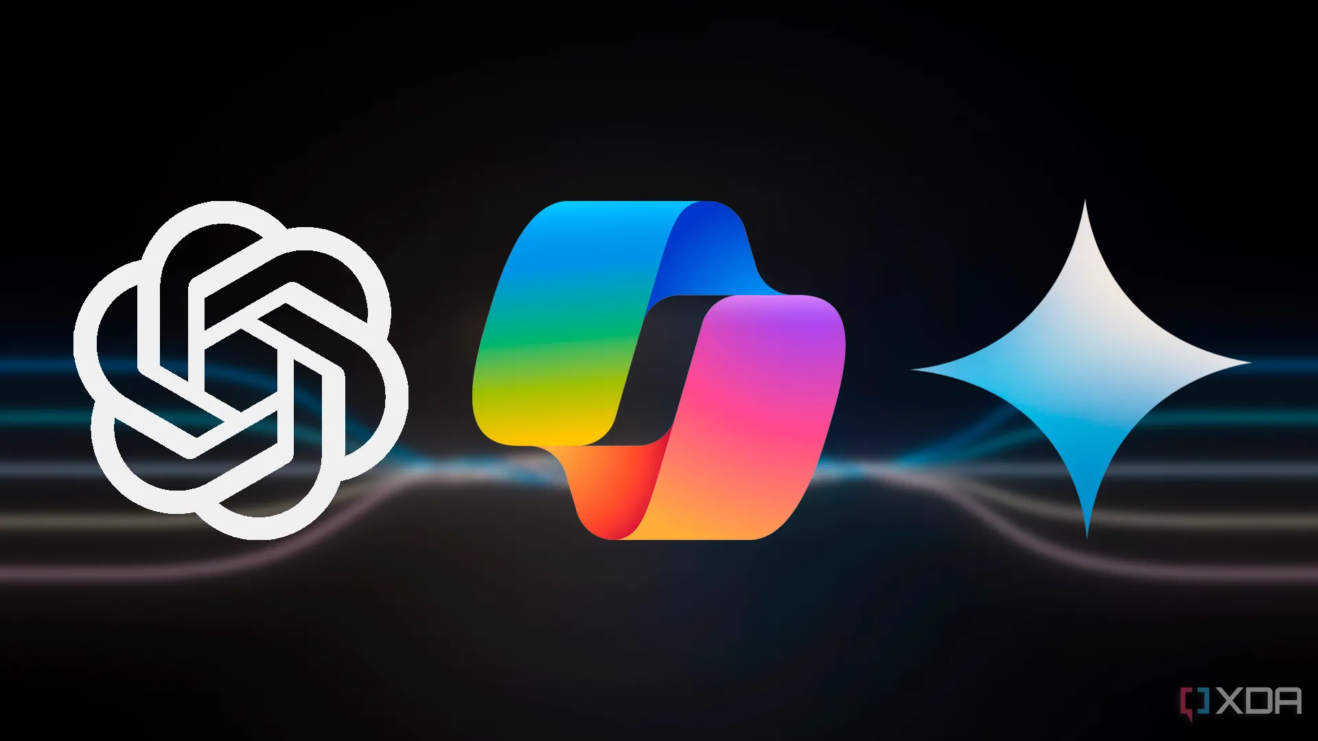 Logo của ChatGPT, Microsoft Copilot và Google Gemini, minh họa cuộc đua AI giữa các công ty công ty công nghệ lớn.